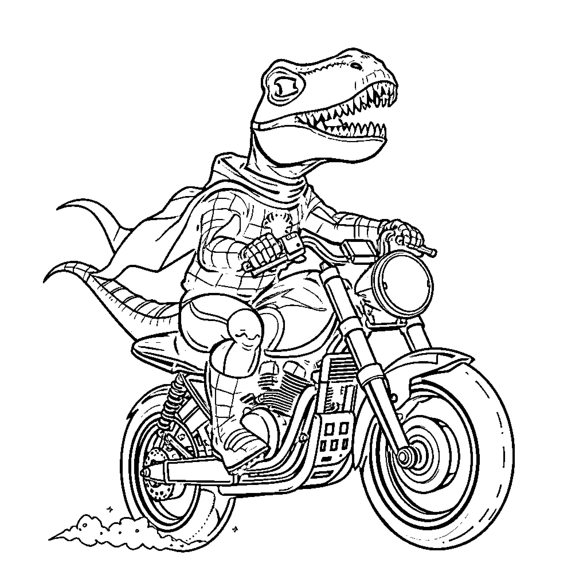 Dinosaur riding a motorcycle with enthusiasm Coloring Page (free black-and-white line drawing printable PDF for all, from beginners to advanced learners, including children, teens, adults, and seniors)
