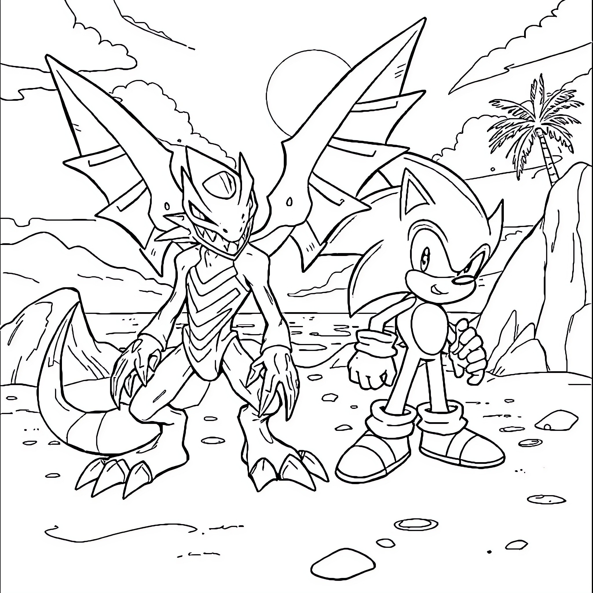 Scyther and Sonic exploring a tropical landscape Coloring Page (free black-and-white line drawing printable PDF for all, from beginners to advanced learners, including children, teens, adults, and seniors)