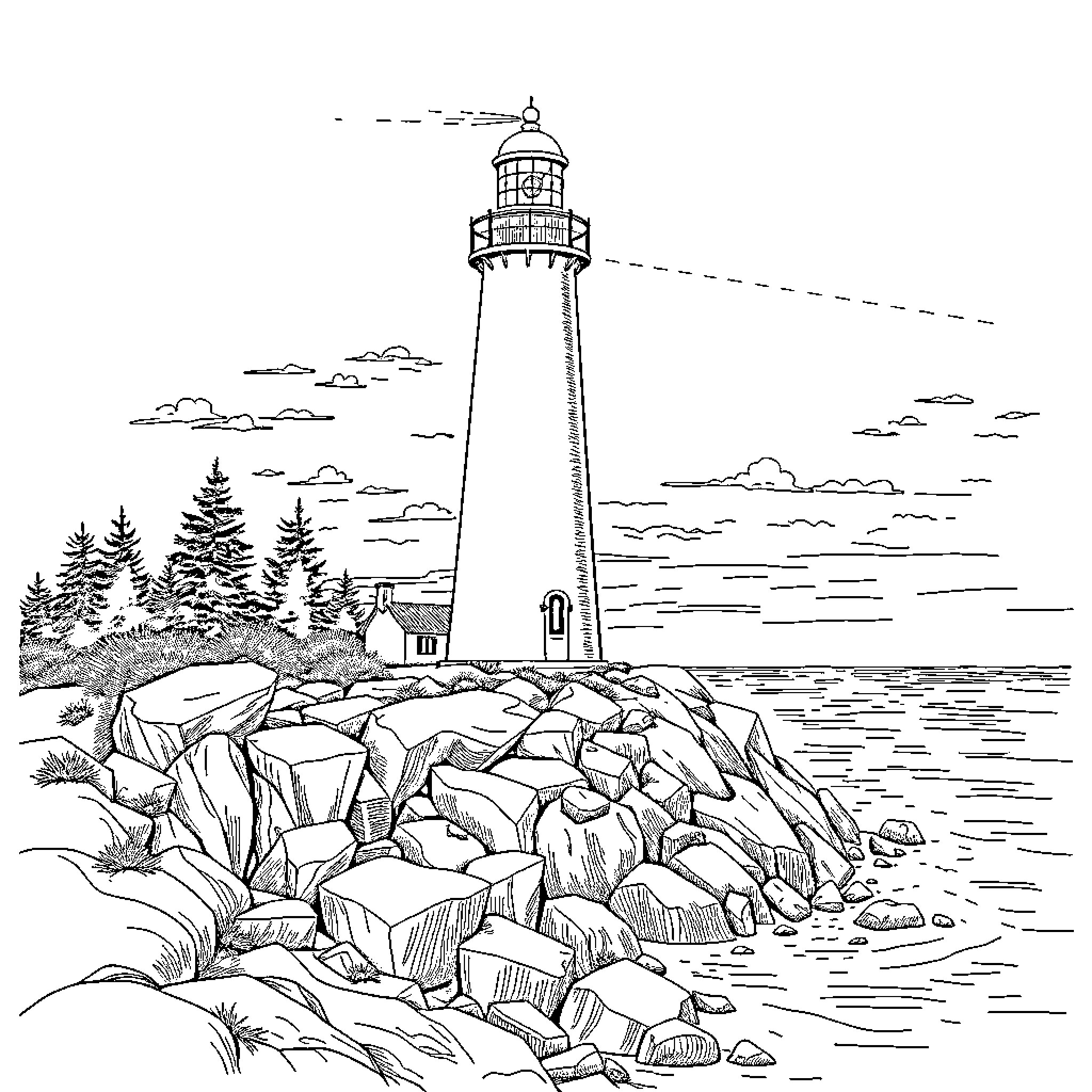 Lighthouse standing tall by the rocky shoreline Coloring Page (free black-and-white line drawing printable PDF for all, from beginners to advanced learners, including children, teens, adults, and seniors)
