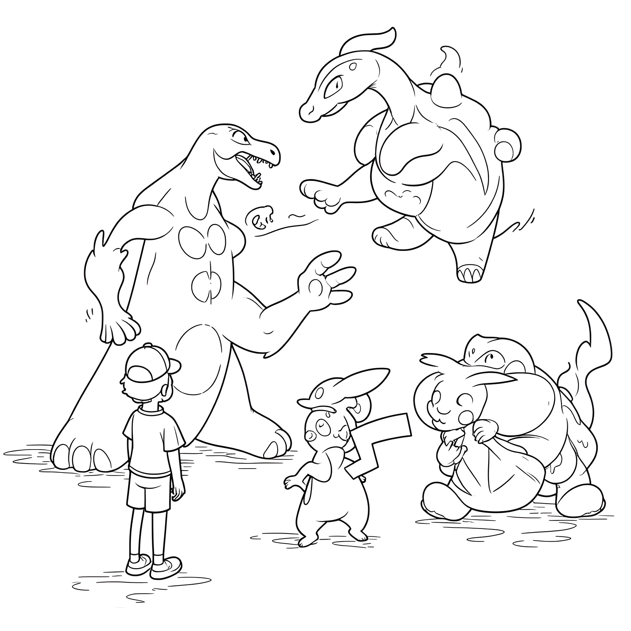 Mewtwo interacting with various Pokemon in the wild Coloring Page (free black-and-white line drawing printable PDF for all, from beginners to advanced learners, including children, teens, adults, and seniors)