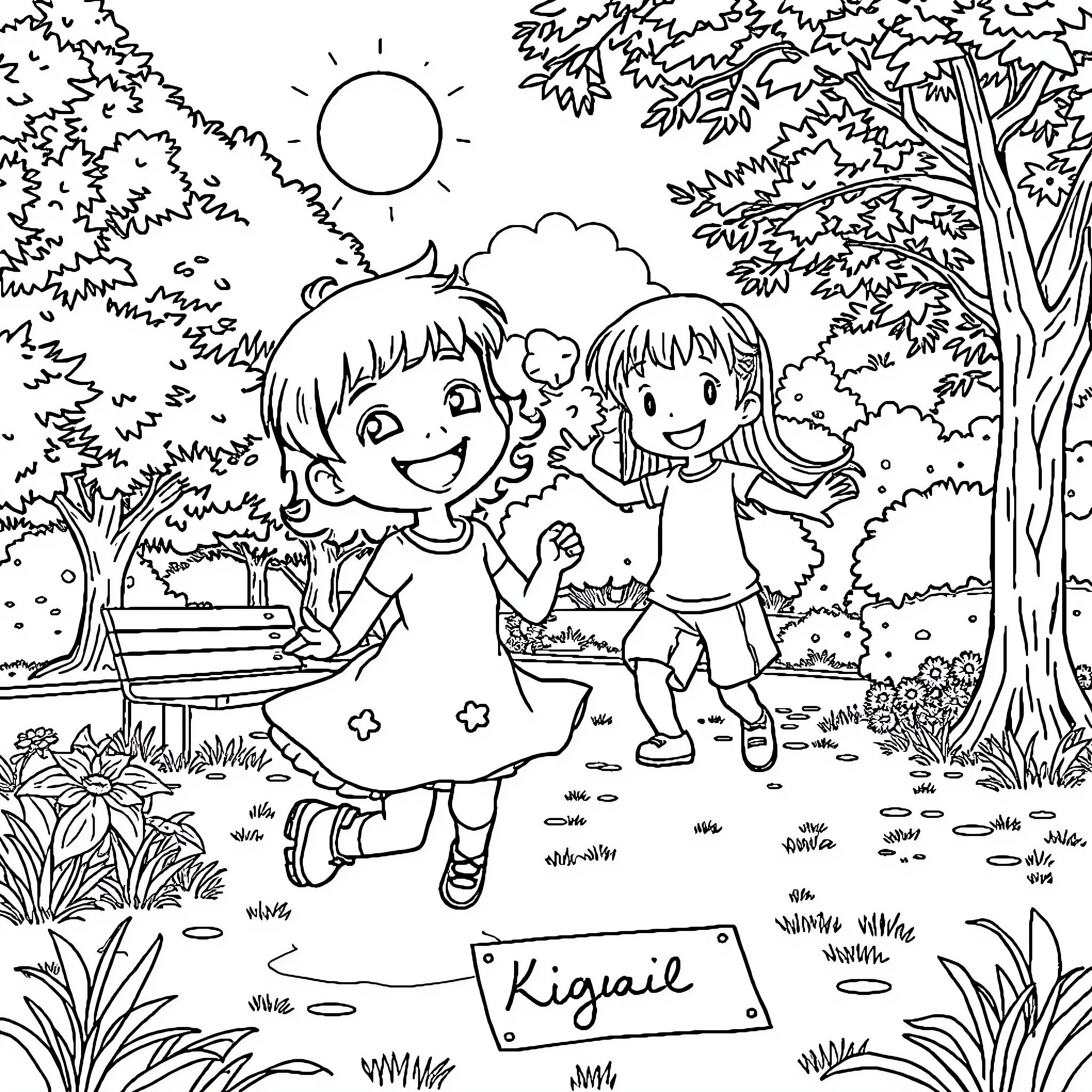 Kuromi and friends enjoying a sunny day outdoors Coloring Page (free black-and-white line drawing printable PDF for all, from beginners to advanced learners, including children, teens, adults, and seniors)