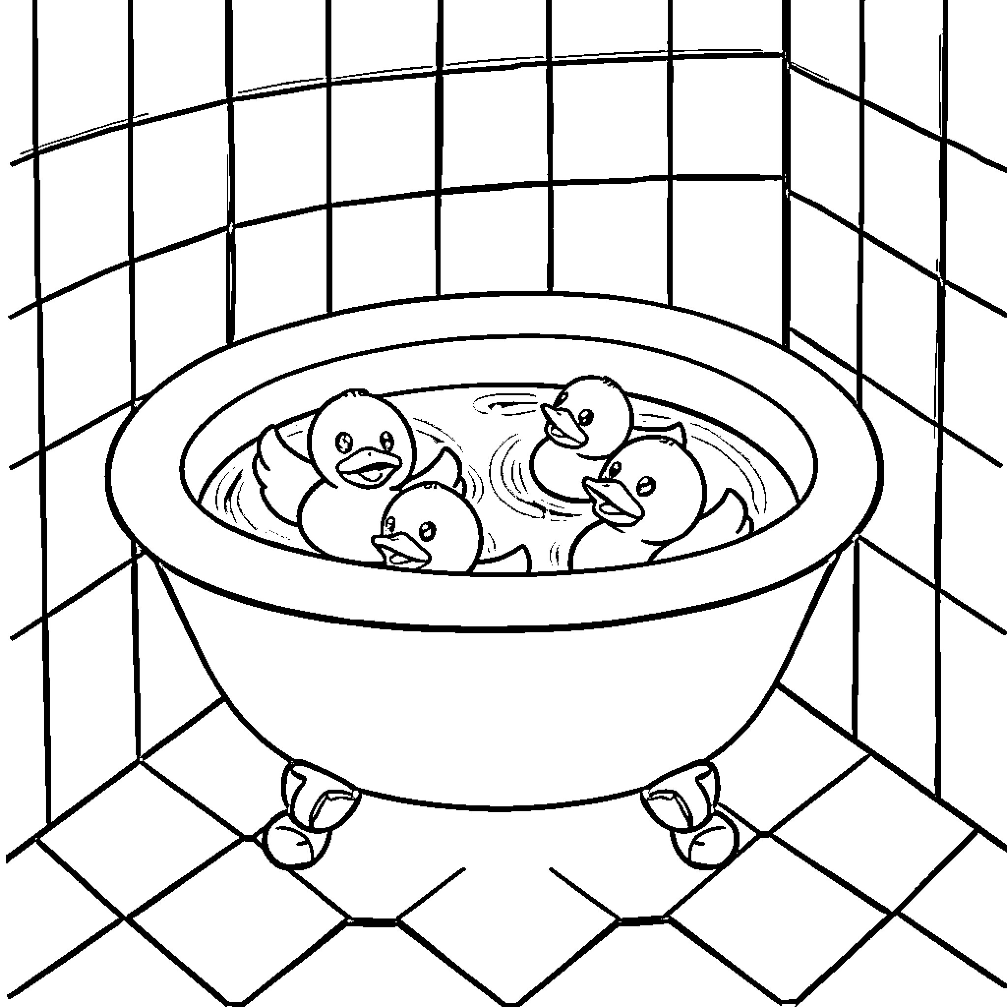 Rubber Ducks Enjoying a Warm Bath Coloring Page (free black-and-white line drawing printable PDF for all, from beginners to advanced learners, including children, teens, adults, and seniors)