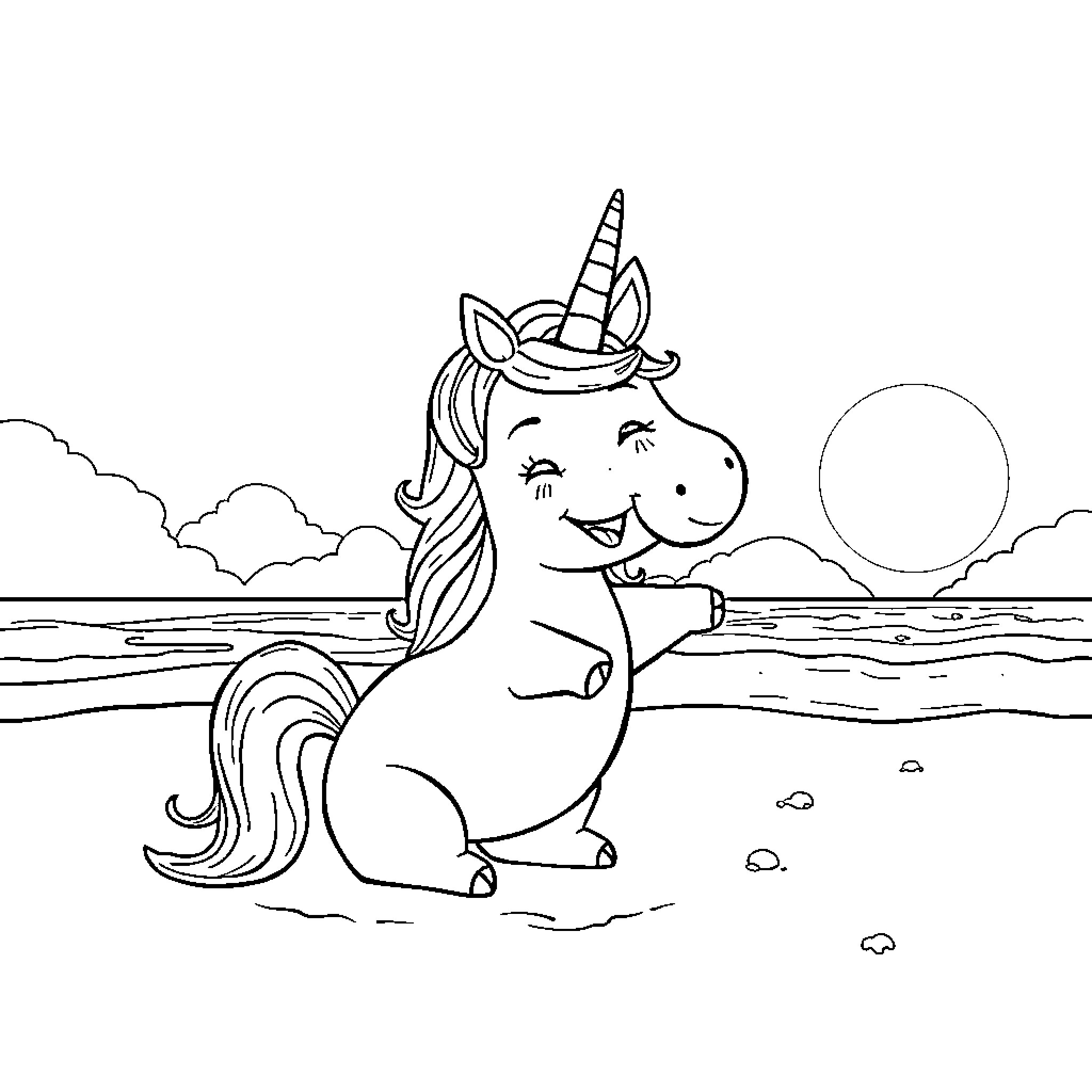 Unicorn playing joyfully by the beach Coloring Page (free black-and-white line drawing printable PDF for all, from beginners to advanced learners, including children, teens, adults, and seniors)