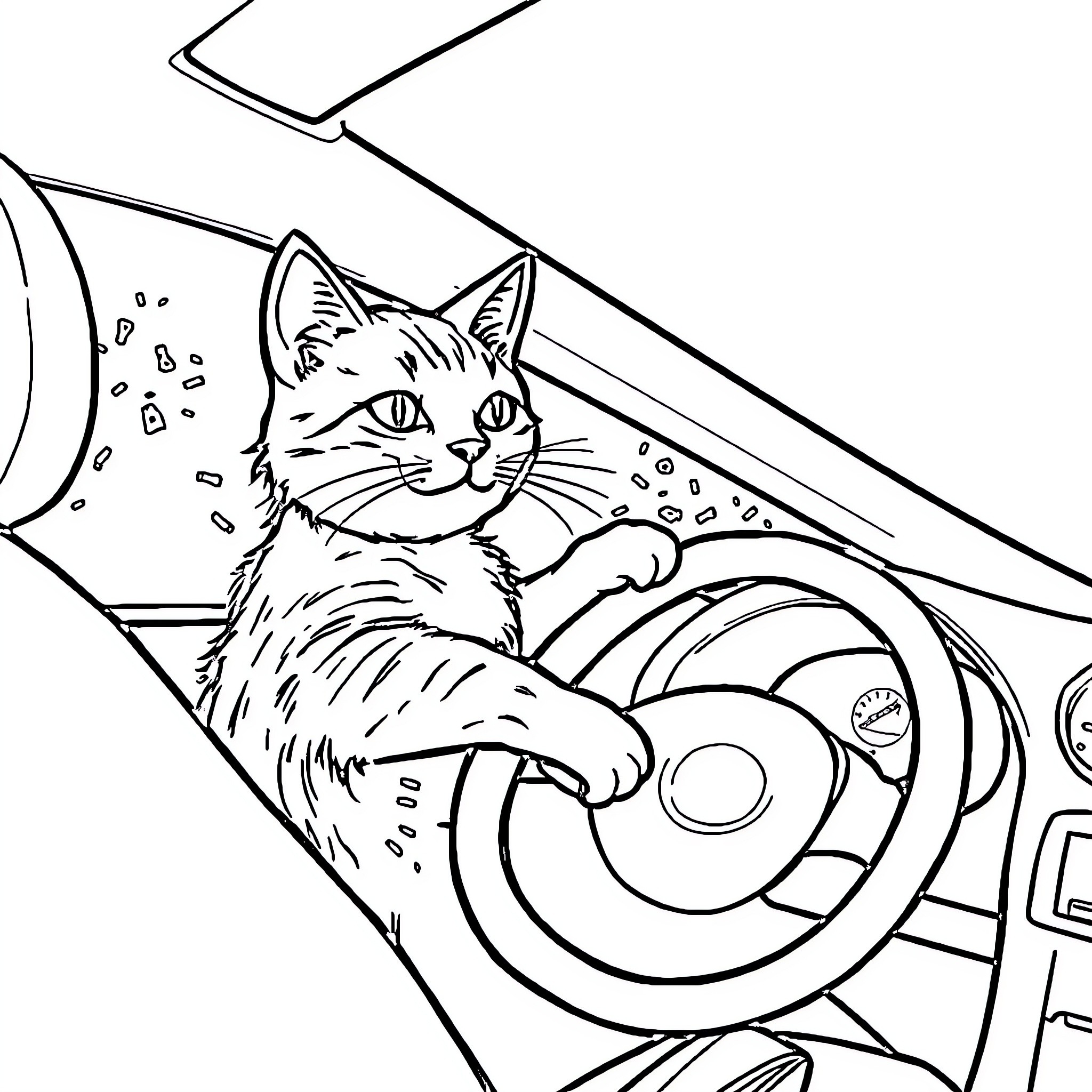 Gato resting peacefully on abstract surface Coloring Page (free black-and-white line drawing printable PDF for all, from beginners to advanced learners, including children, teens, adults, and seniors)