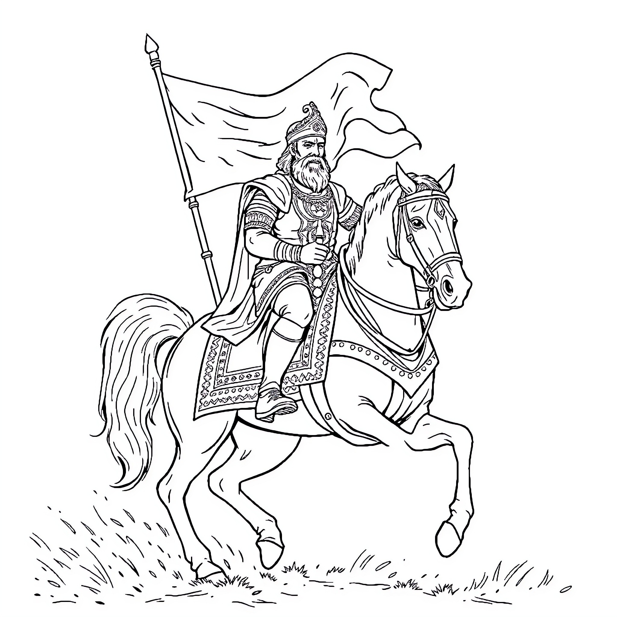 Shivaji Maharaj leading a cavalry charge with a flag Coloring Page (free black-and-white line drawing printable PDF for all, from beginners to advanced learners, including children, teens, adults, and seniors)
