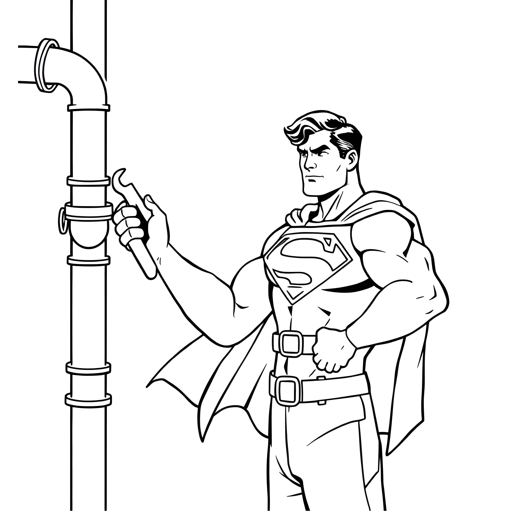 Superman repairing a pipe with a wrench Coloring Page (free black-and-white line drawing printable PDF for all, from beginners to advanced learners, including children, teens, adults, and seniors)