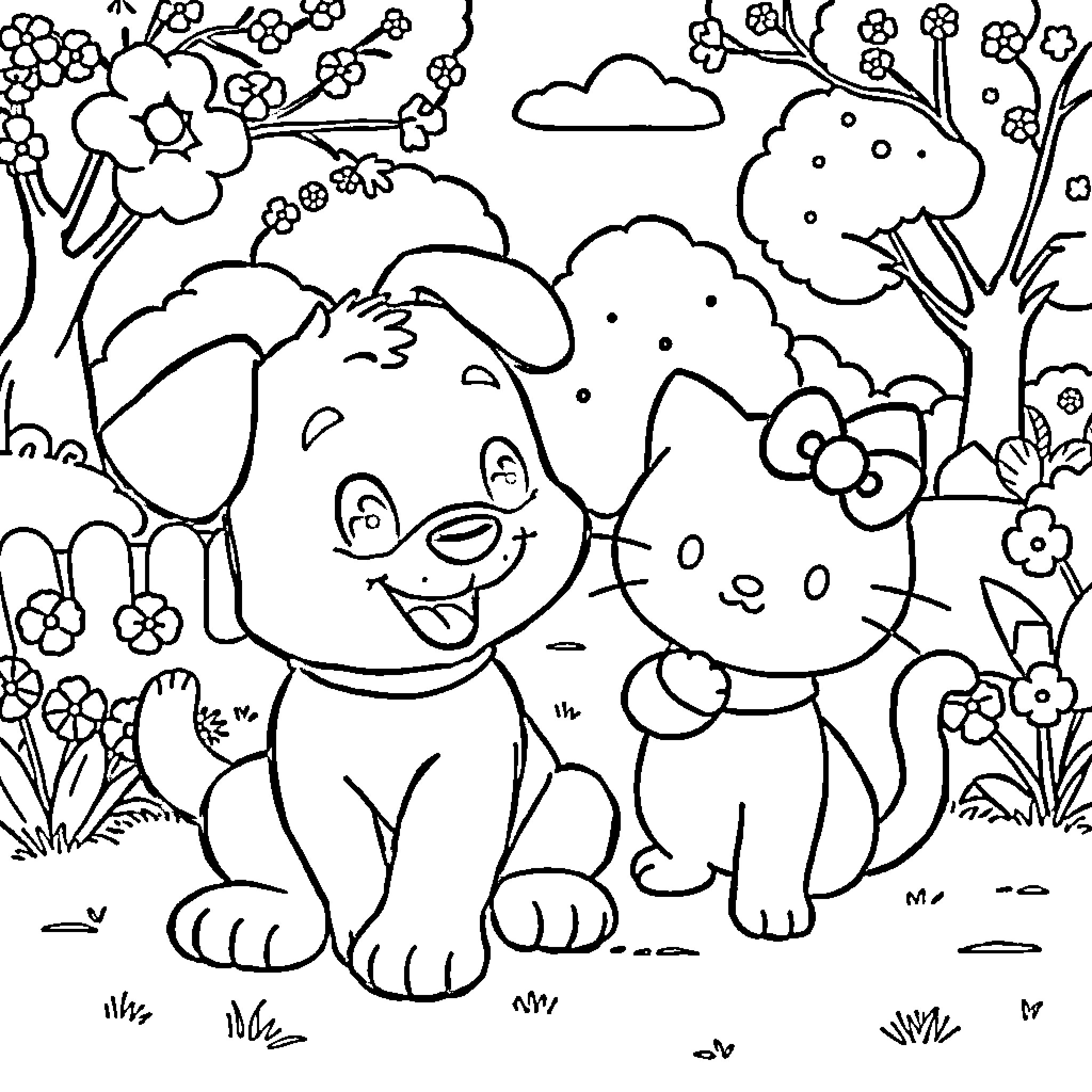 Bluey and friends explore the enchanted forest Coloring Page (free black-and-white line drawing printable PDF for all, from beginners to advanced learners, including children, teens, adults, and seniors)