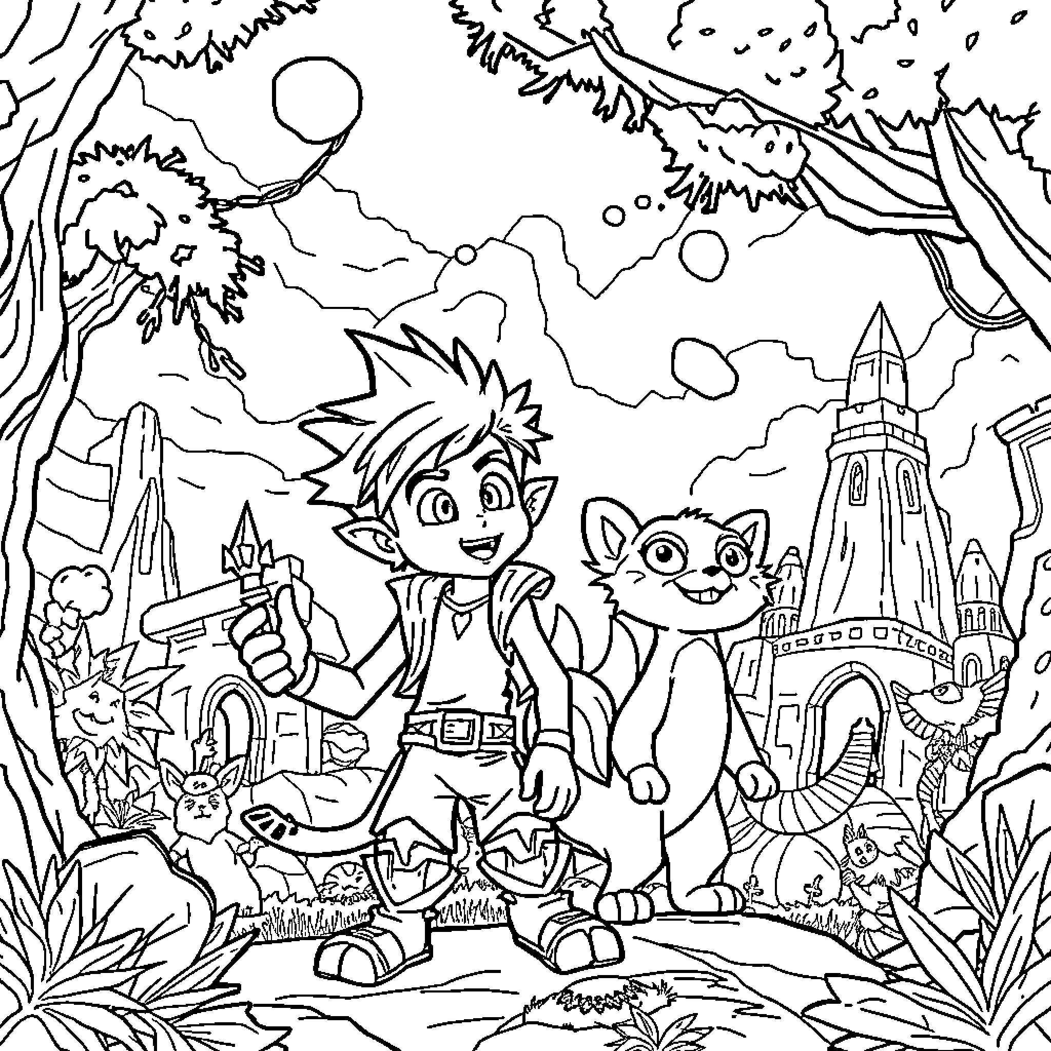 Jak and Daxter's Adventure in the Fantasy Landscape Coloring Page (free black-and-white line drawing printable PDF for all, from beginners to advanced learners, including children, teens, adults, and seniors)