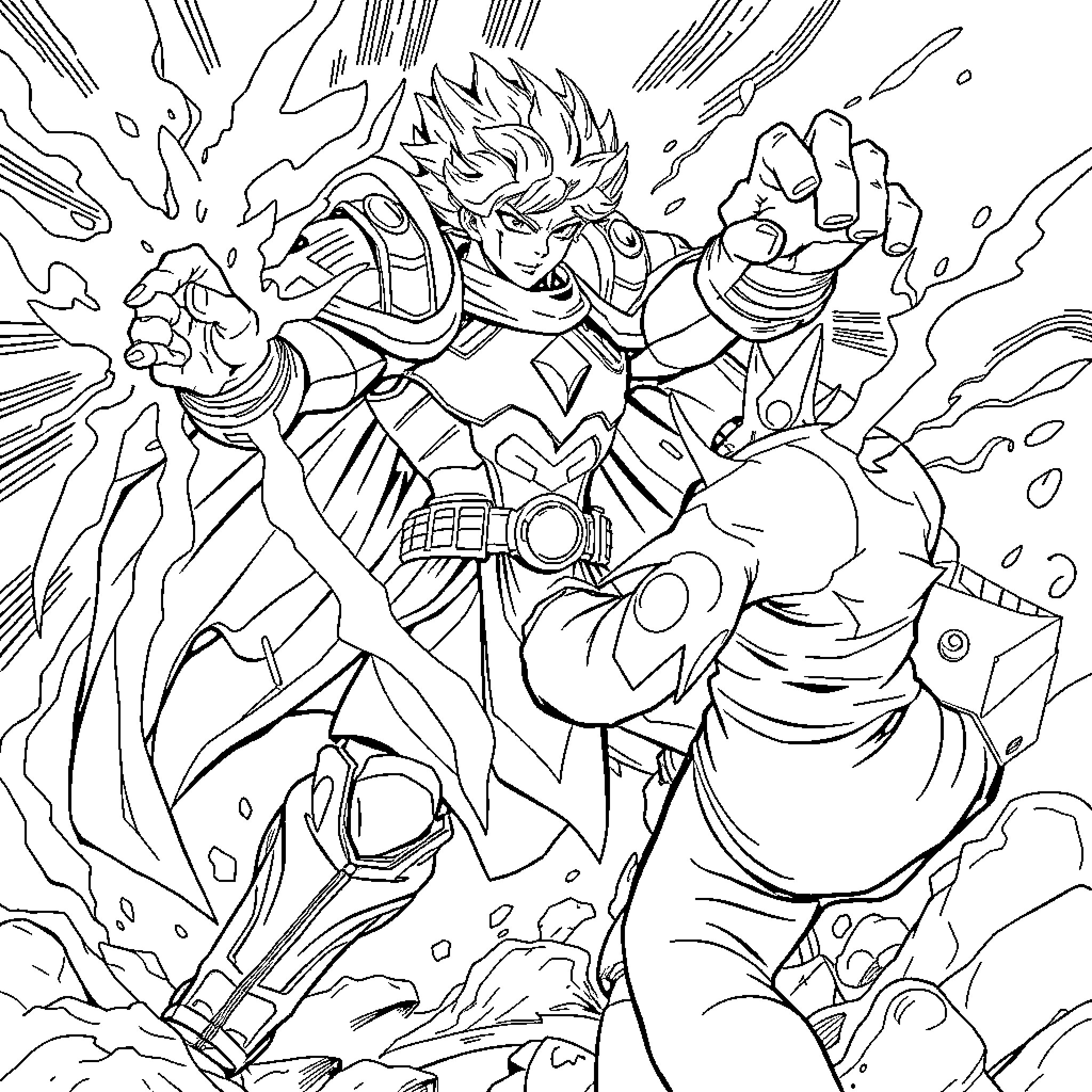 Character Unleashing Powerful Attack in Dynamic Pose Coloring Page (free black-and-white line drawing printable PDF for all, from beginners to advanced learners, including children, teens, adults, and seniors)