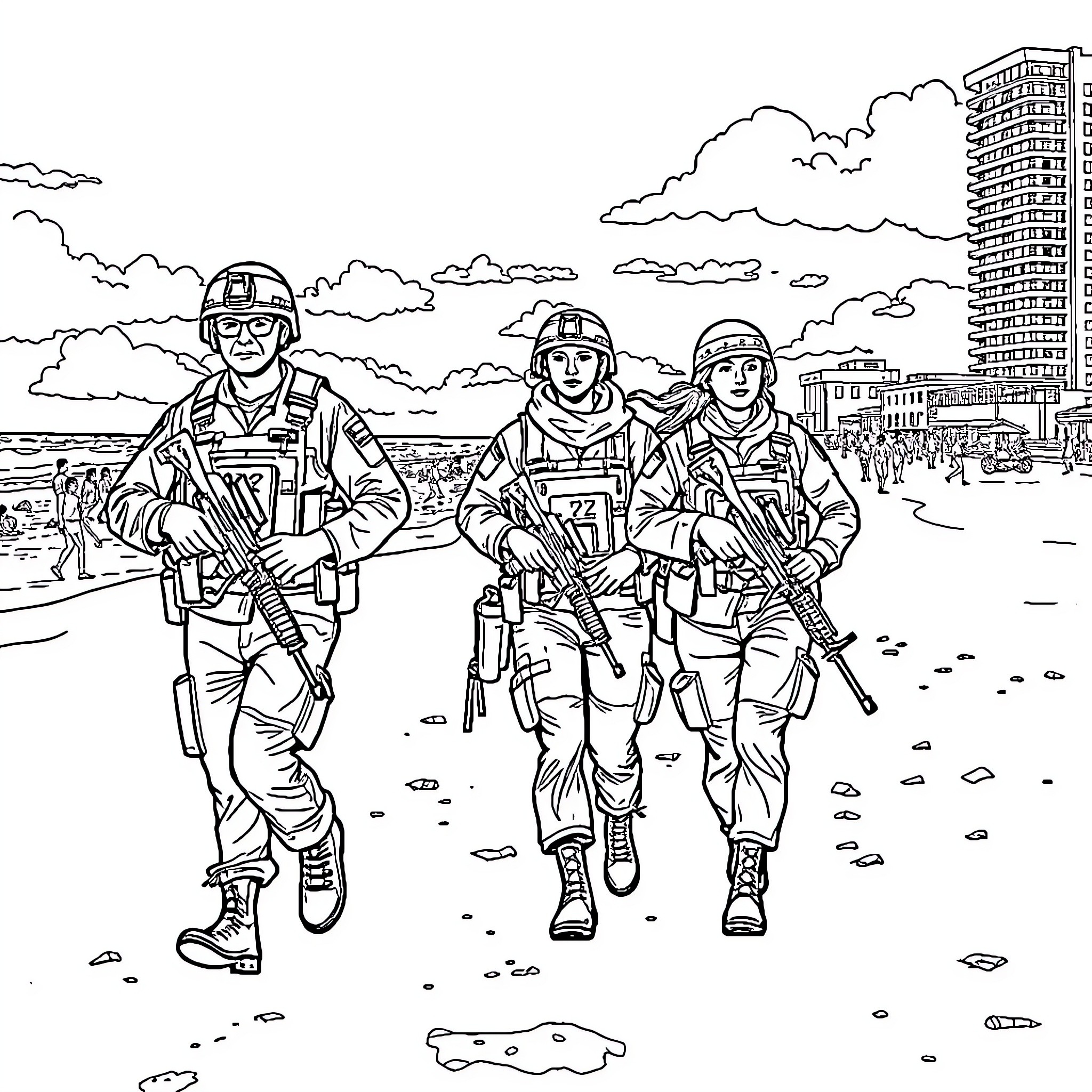 Soldier team on patrol in urban environment Coloring Page (free black-and-white line drawing printable PDF for all, from beginners to advanced learners, including children, teens, adults, and seniors)