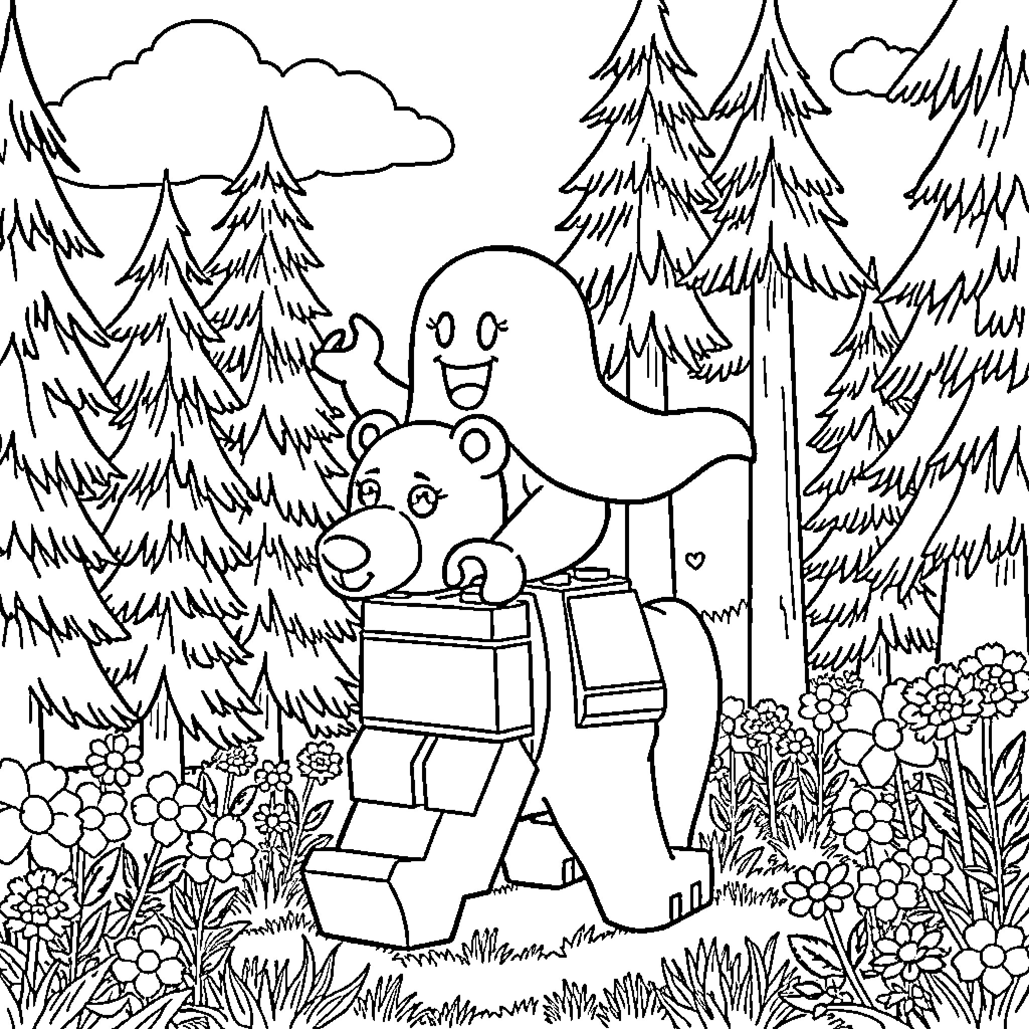 Lego Ghost exploring the forest Coloring Page (free black-and-white line drawing printable PDF for all, from beginners to advanced learners, including children, teens, adults, and seniors)