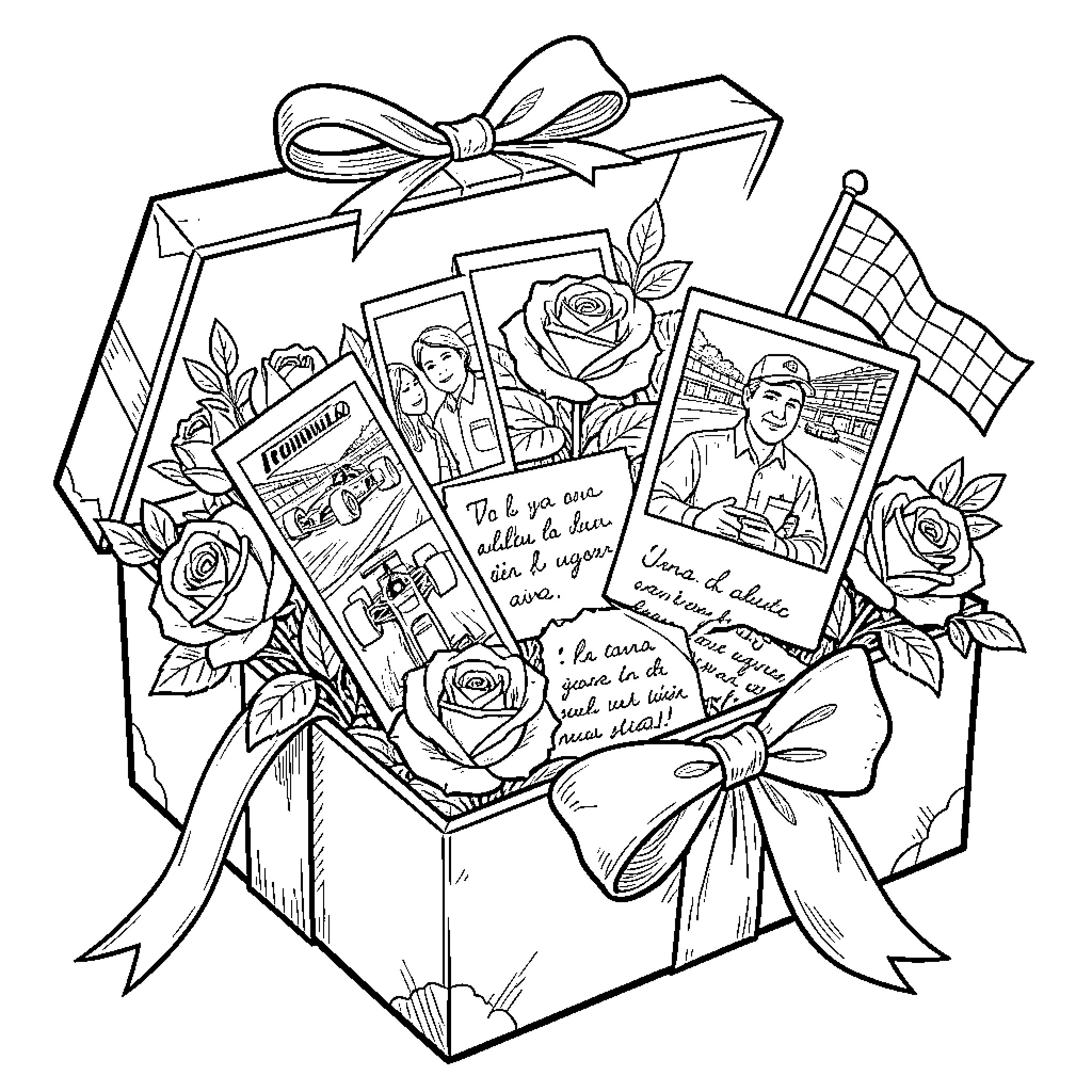 Gift Box Containing Memories and Photos Coloring Page (free black-and-white line drawing printable PDF for all, from beginners to advanced learners, including children, teens, adults, and seniors)