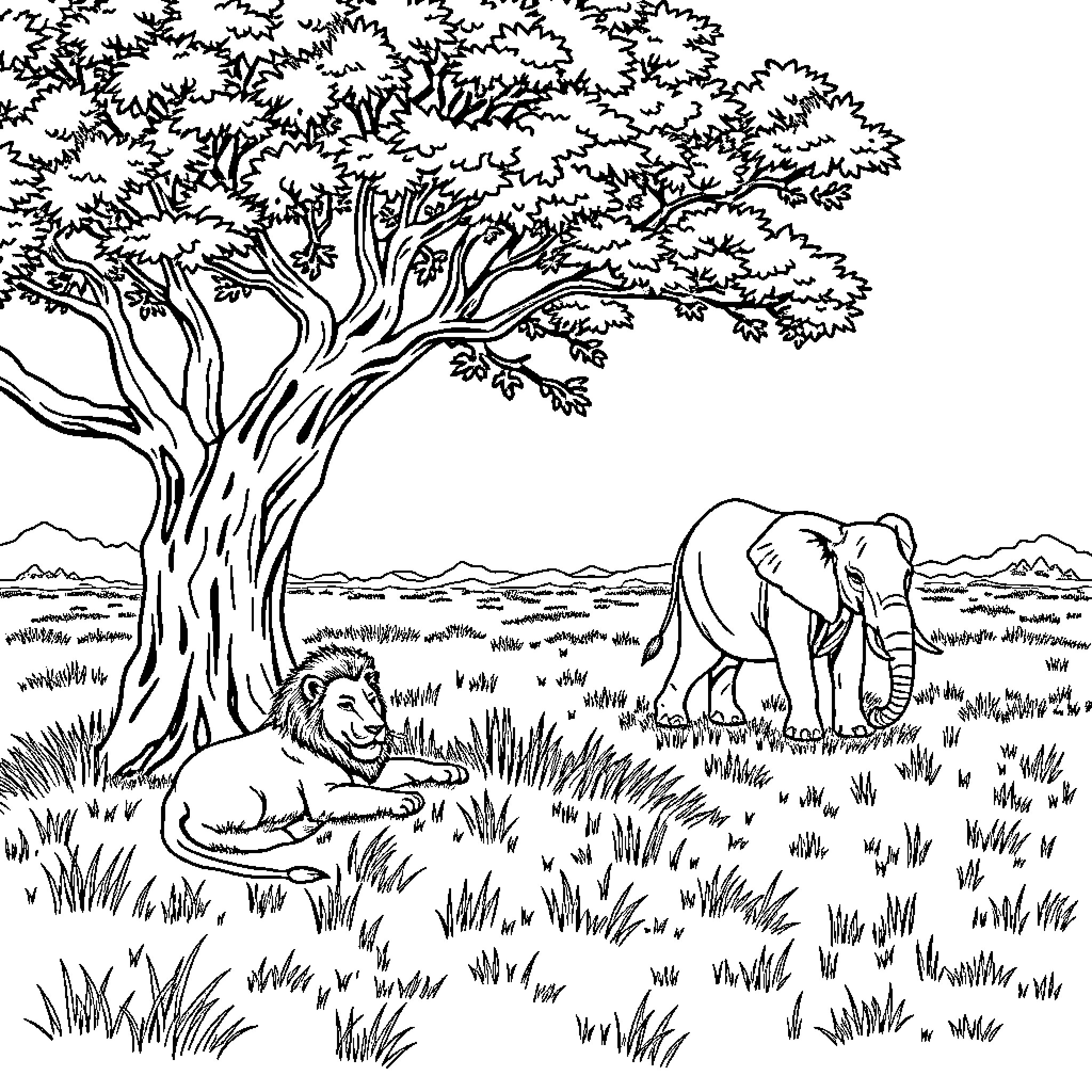 Lion relaxing under tree with elephant in the savanna Coloring Page (free black-and-white line drawing printable PDF for all, from beginners to advanced learners, including children, teens, adults, and seniors)