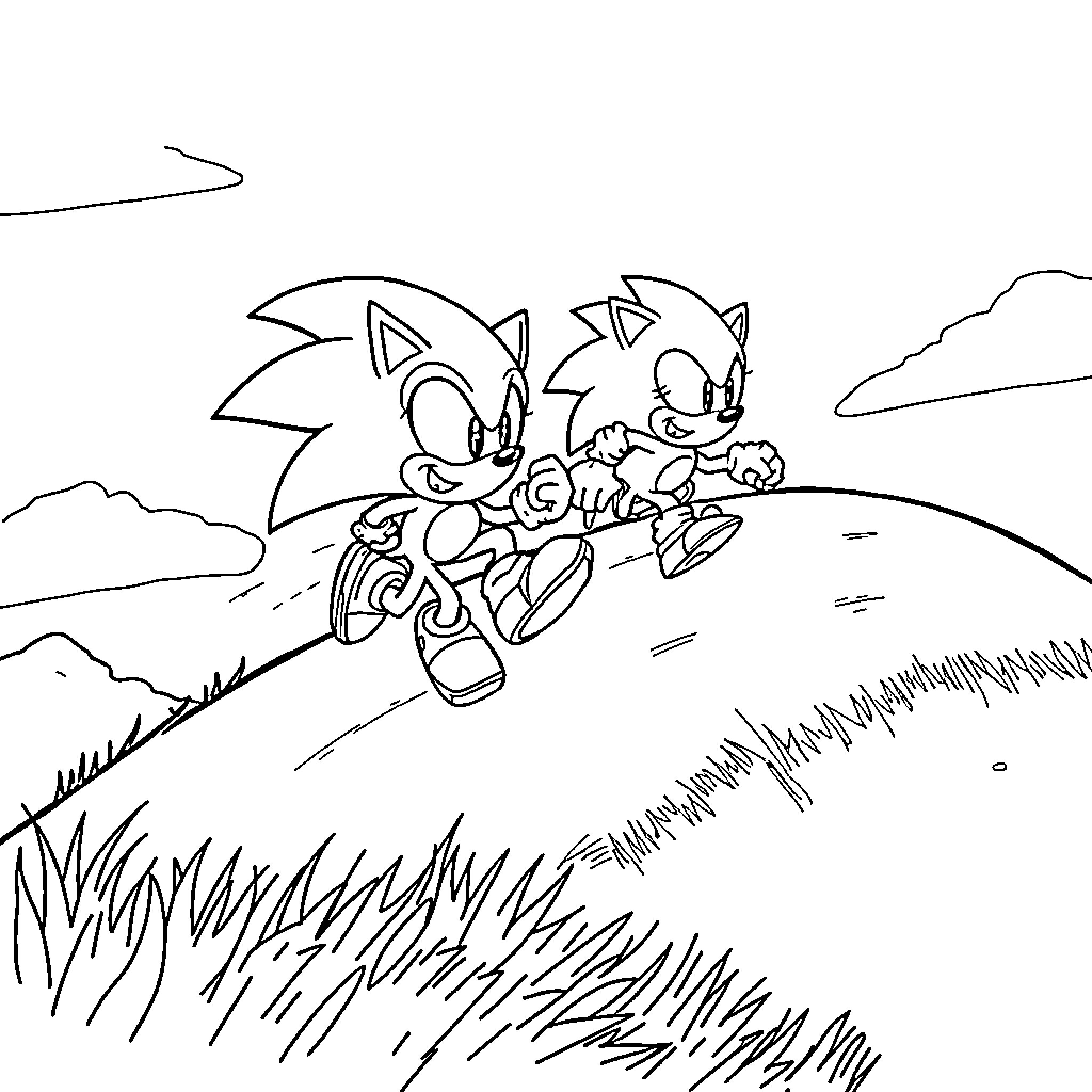 Sonic Hedgehog running through grassy landscape Coloring Page (free black-and-white line drawing printable PDF for all, from beginners to advanced learners, including children, teens, adults, and seniors)