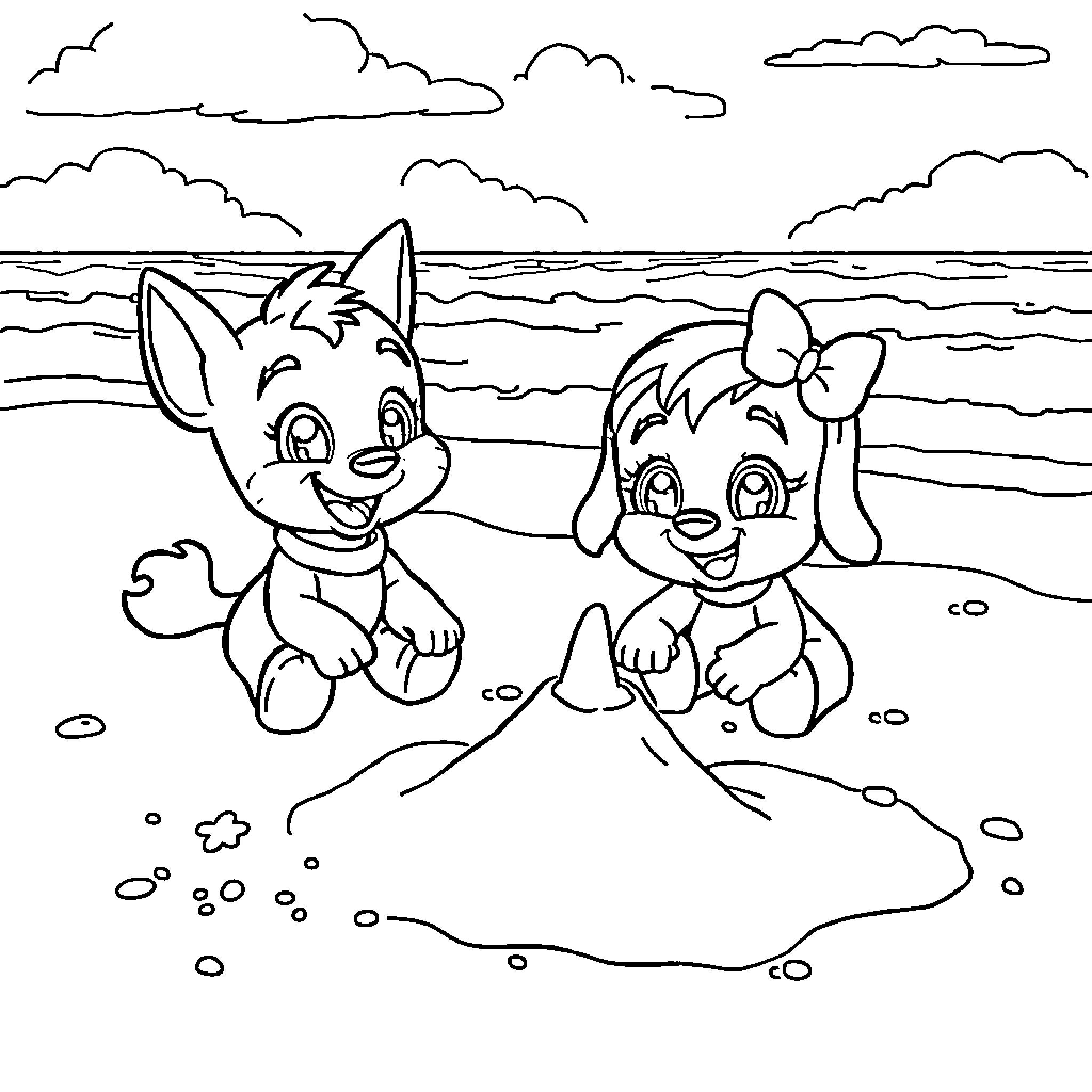 Bluey and Bingo playing happily on the beach Coloring Page (free black-and-white line drawing printable PDF for all, from beginners to advanced learners, including children, teens, adults, and seniors)
