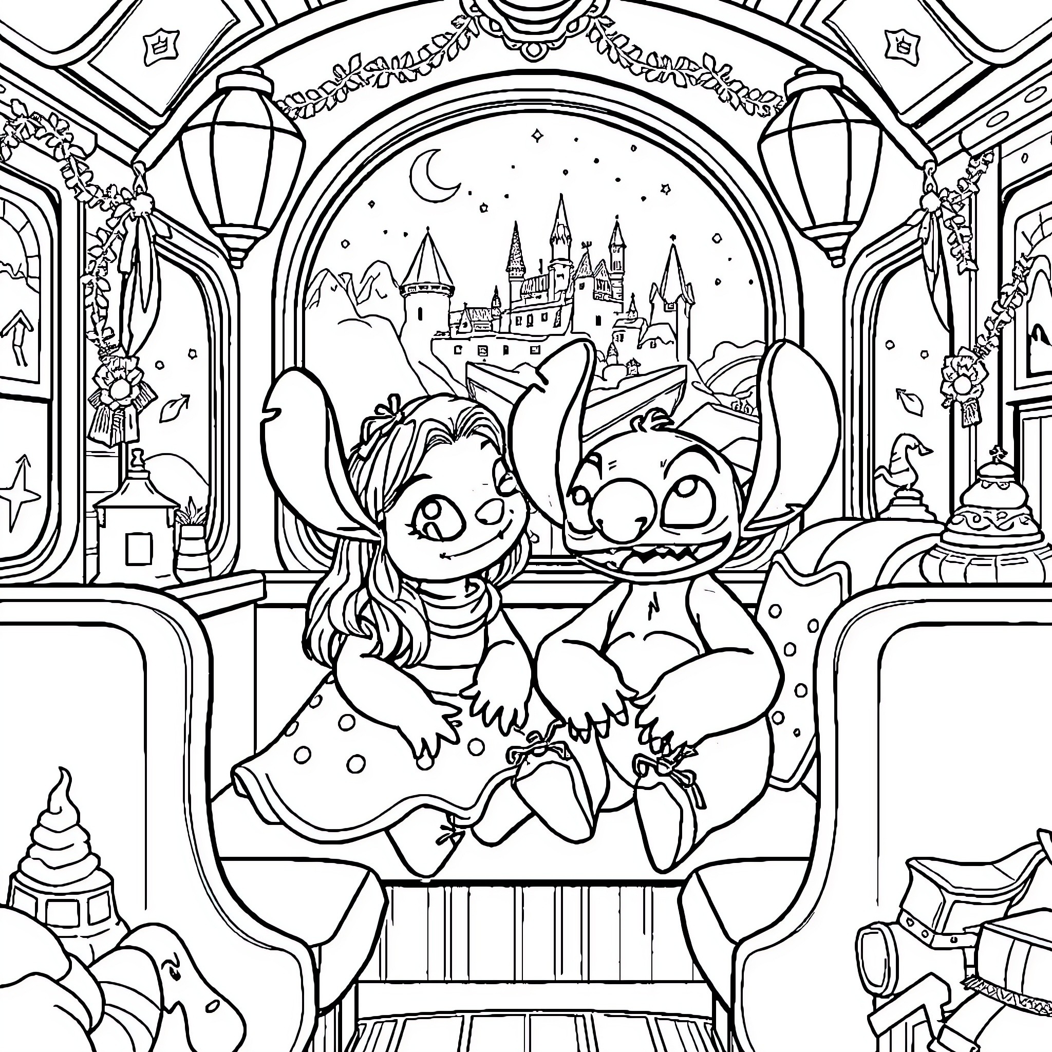 Lilo and Stitch's Magical Adventure Coloring Page (free black-and-white line drawing printable PDF for all, from beginners to advanced learners, including children, teens, adults, and seniors)