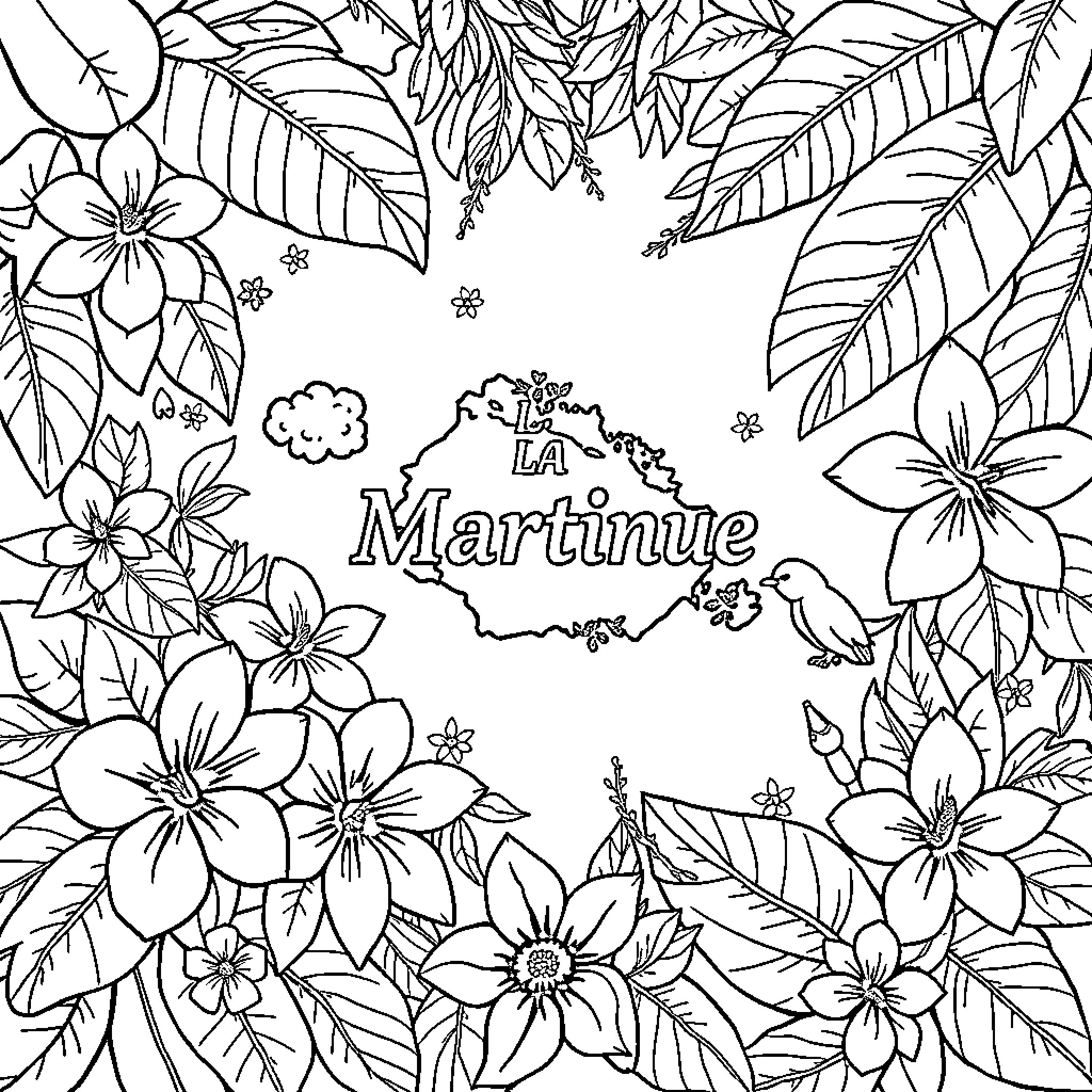Mandala of Tropical Floral Patterns and Island Coloring Page (free black-and-white line drawing printable PDF for all, from beginners to advanced learners, including children, teens, adults, and seniors)