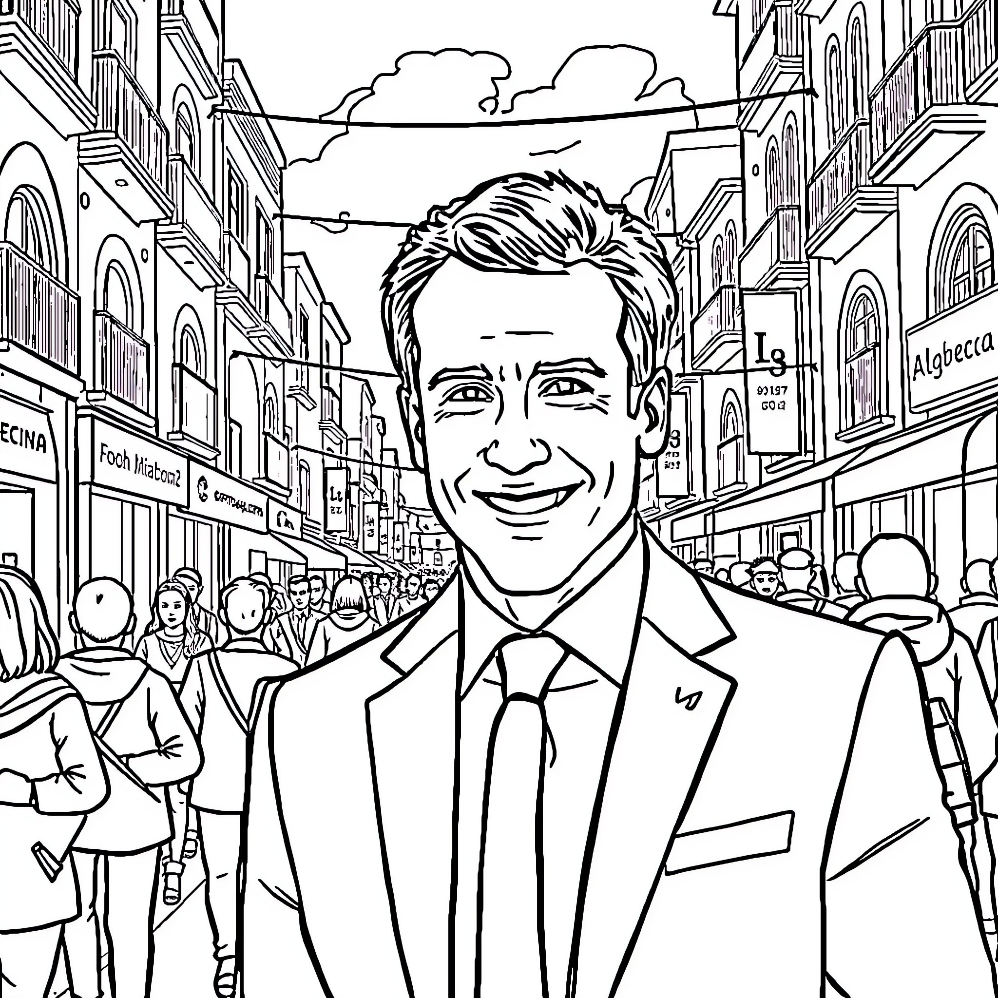 Macron Smiles Amidst Bustling City Street Coloring Page (free black-and-white line drawing printable PDF for all, from beginners to advanced learners, including children, teens, adults, and seniors)