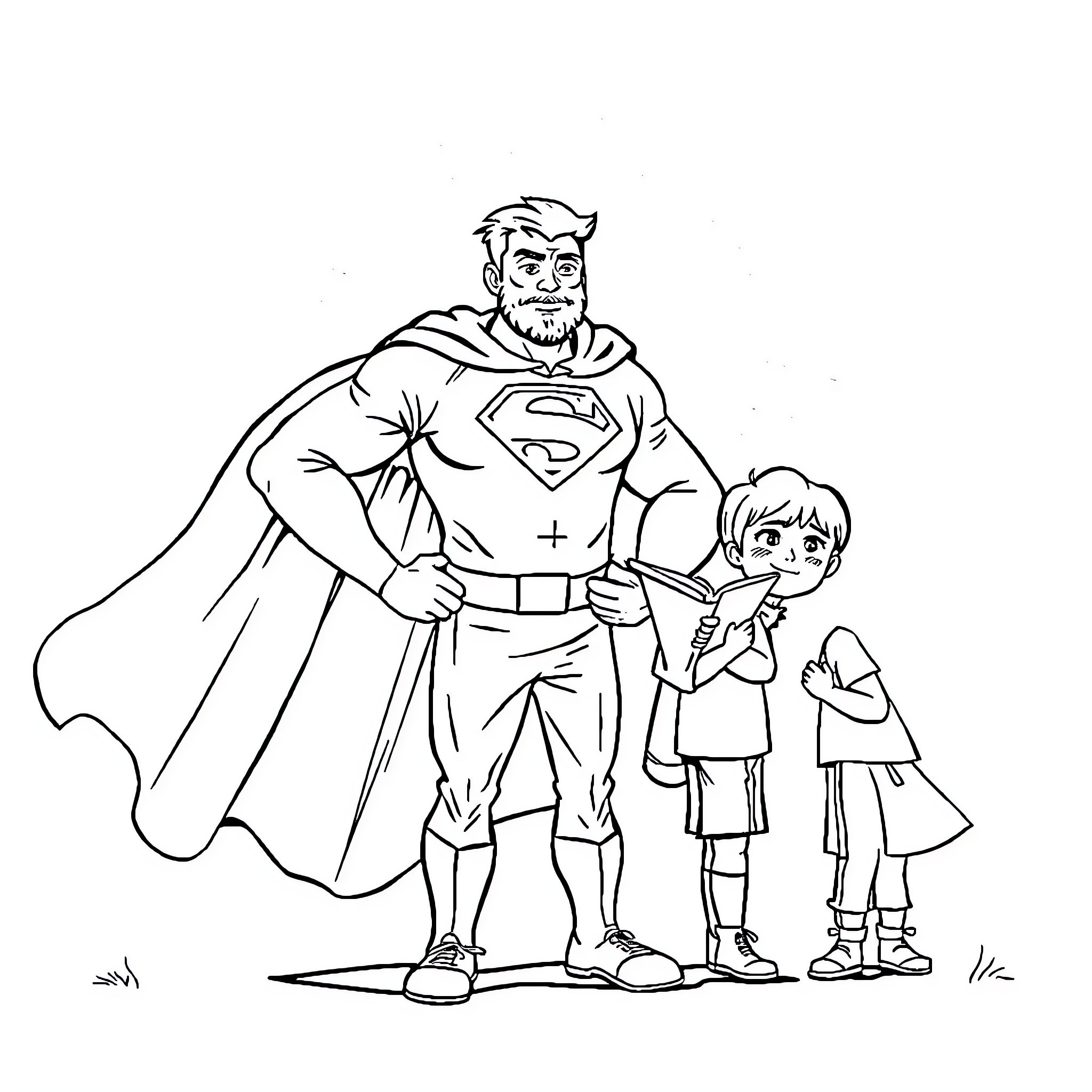 Dad and children as superheroes Coloring Page (free black-and-white line drawing printable PDF for all, from beginners to advanced learners, including children, teens, adults, and seniors)