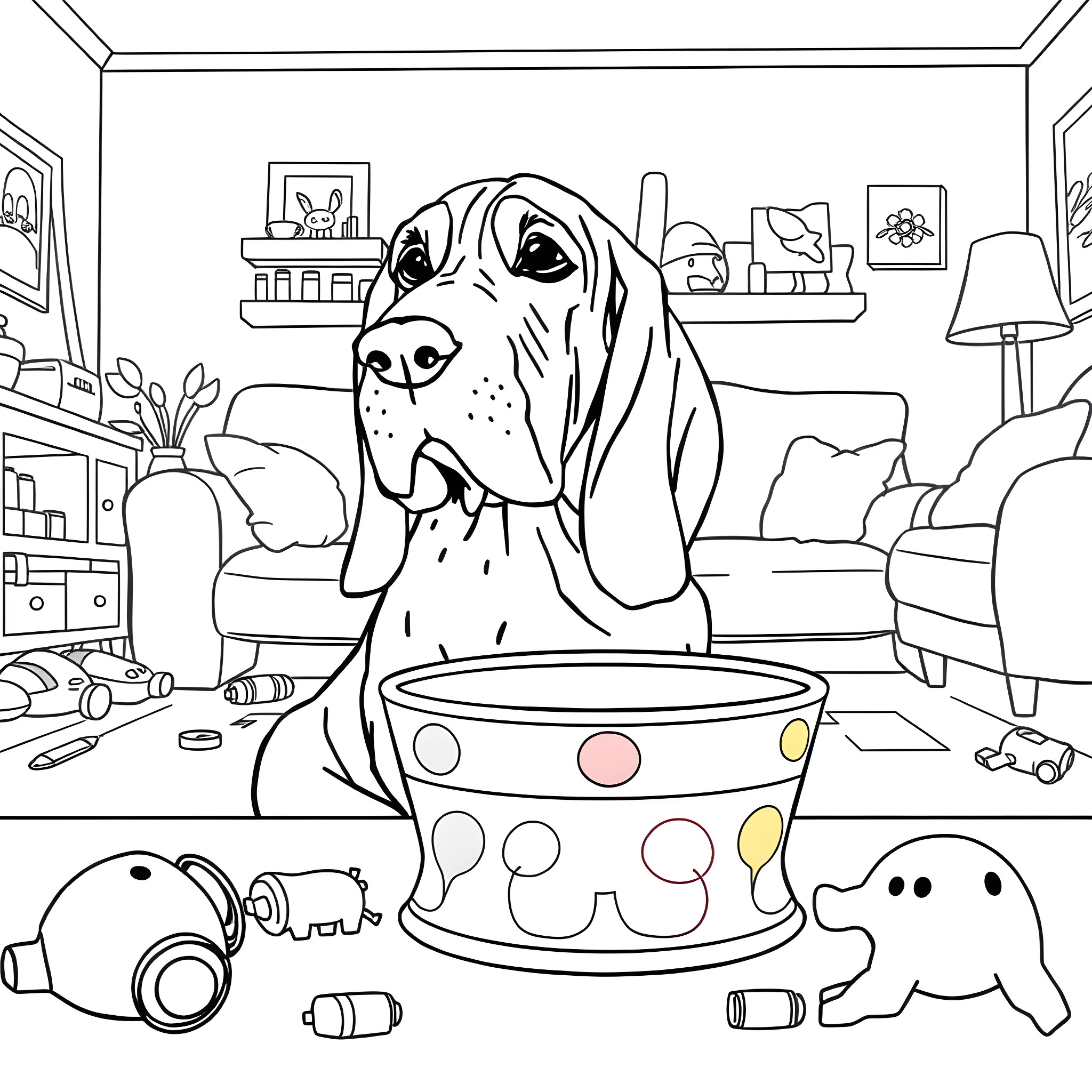 Basset Hound playing with toys in the living room Coloring Page (free black-and-white line drawing printable PDF for all, from beginners to advanced learners, including children, teens, adults, and seniors)