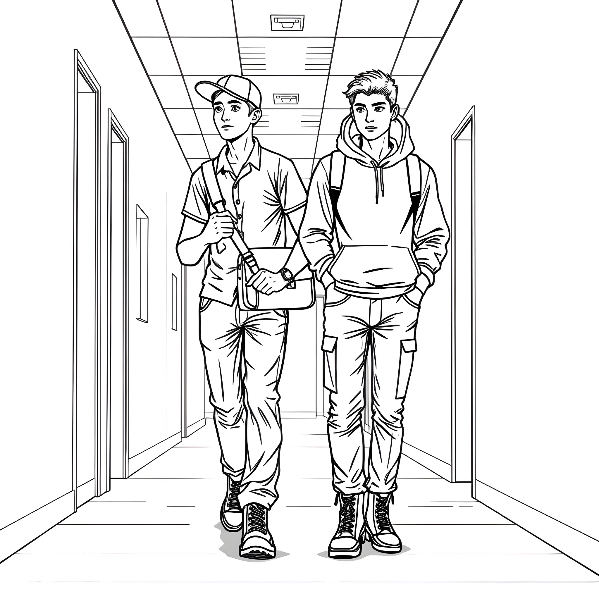 Teen students walking in school hallway Coloring Page (free black-and-white line drawing printable PDF for all, from beginners to advanced learners, including children, teens, adults, and seniors)