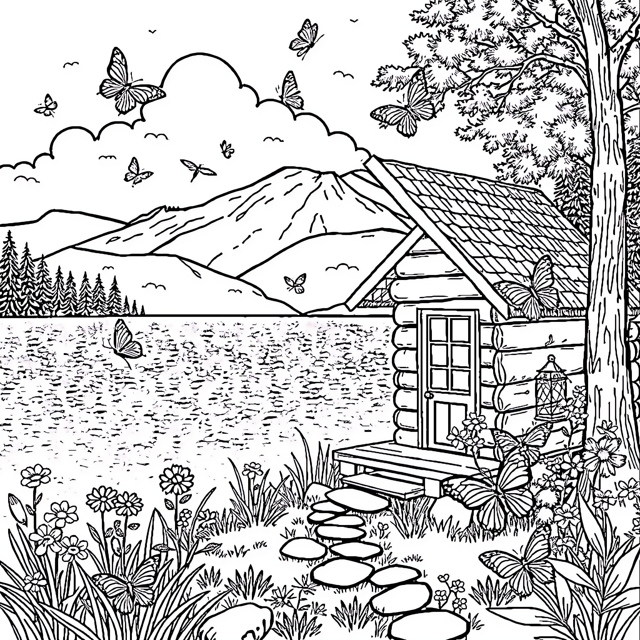 Cabin in Serene Mountain Landscape Coloring Page (free black-and-white line drawing printable PDF for all, from beginners to advanced learners, including children, teens, adults, and seniors)