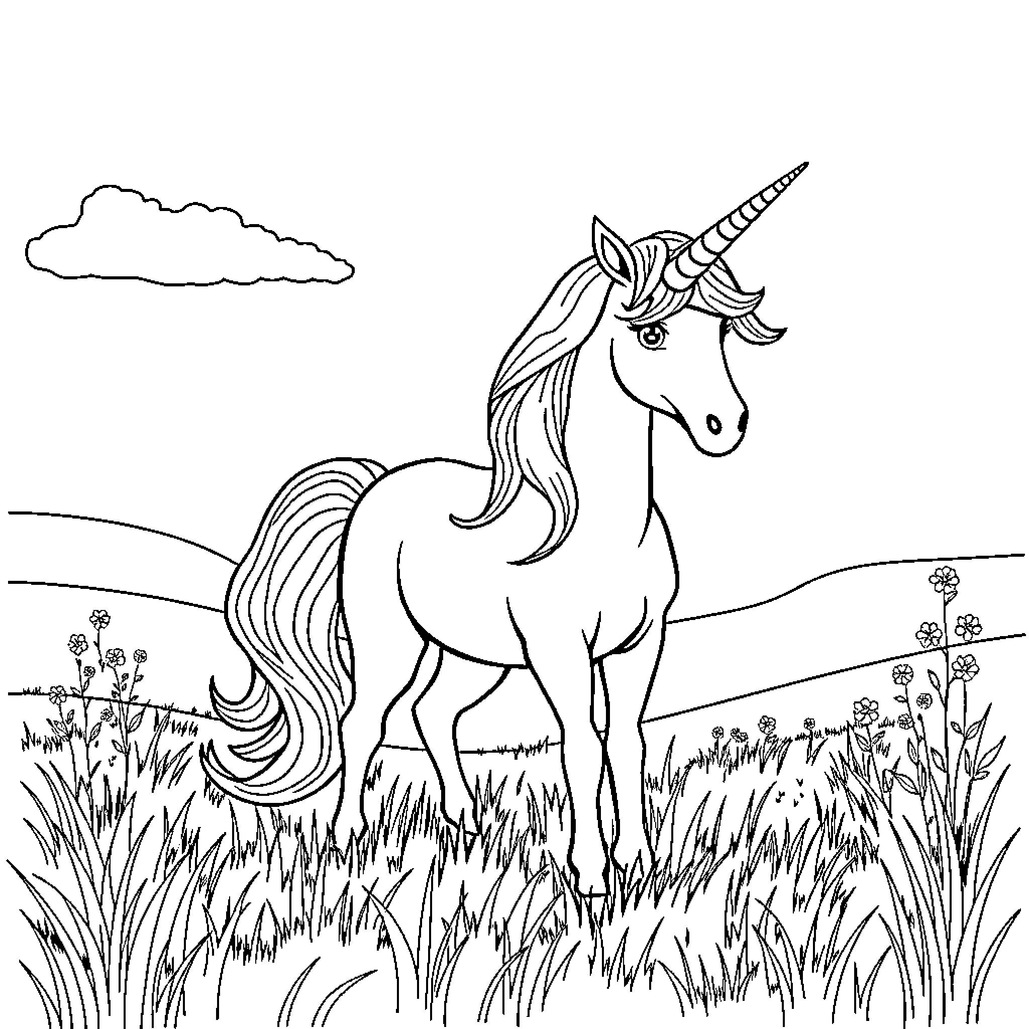 Unicorn standing gracefully in the meadow Coloring Page (free black-and-white line drawing printable PDF for all, from beginners to advanced learners, including children, teens, adults, and seniors)
