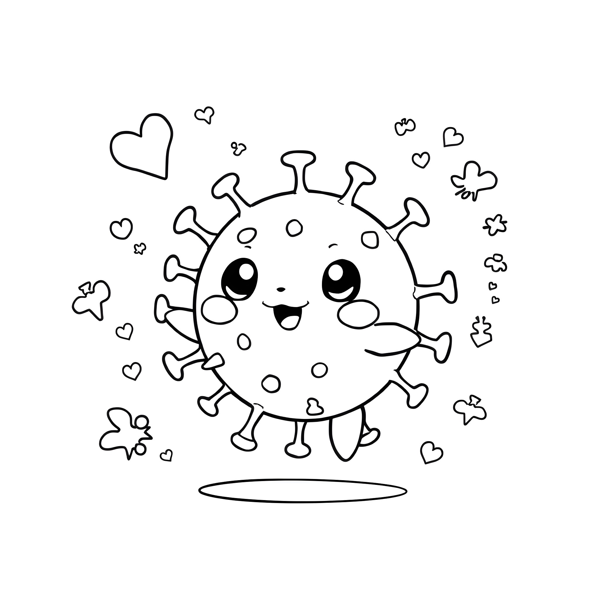 Virus symbol dancing happily with hearts Coloring Page (free black-and-white line drawing printable PDF for all, from beginners to advanced learners, including children, teens, adults, and seniors)