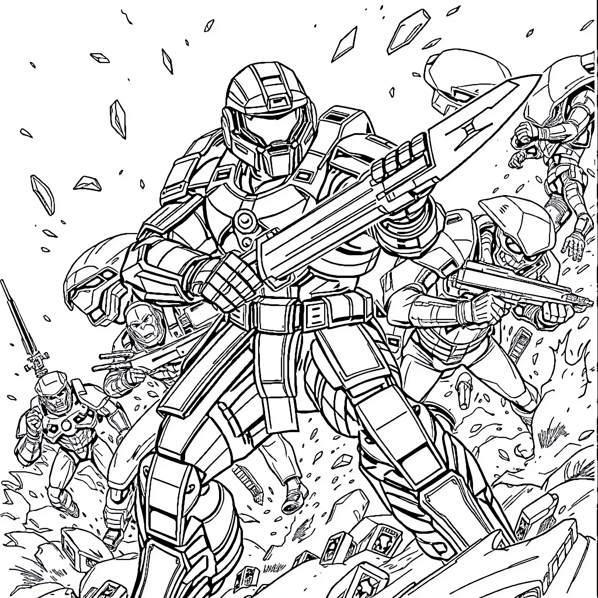 Master Chief's Heroic Battle Coloring Page (free black-and-white line drawing printable PDF for all, from beginners to advanced learners, including children, teens, adults, and seniors)