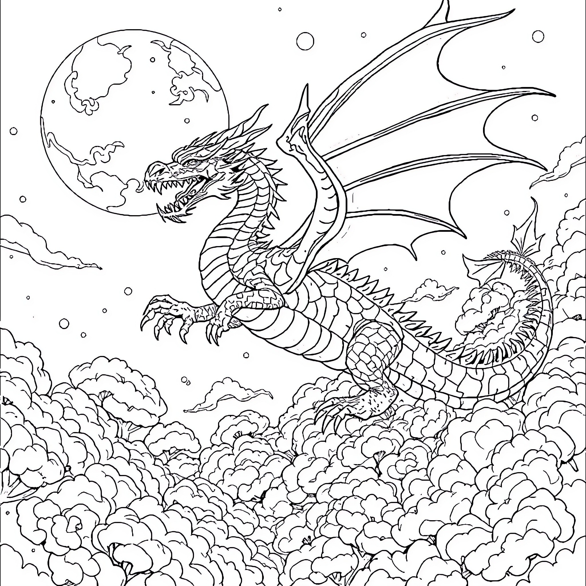 Dragon soaring through the starry night sky Coloring Page (free black-and-white line drawing printable PDF for all, from beginners to advanced learners, including children, teens, adults, and seniors)