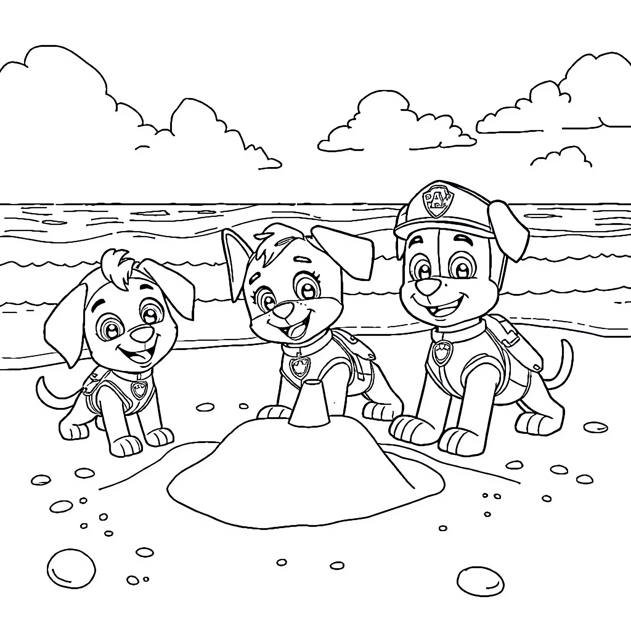 Paw Patrol Pups on the Beach Coloring Page (free black-and-white line drawing printable PDF for all, from beginners to advanced learners, including children, teens, adults, and seniors)
