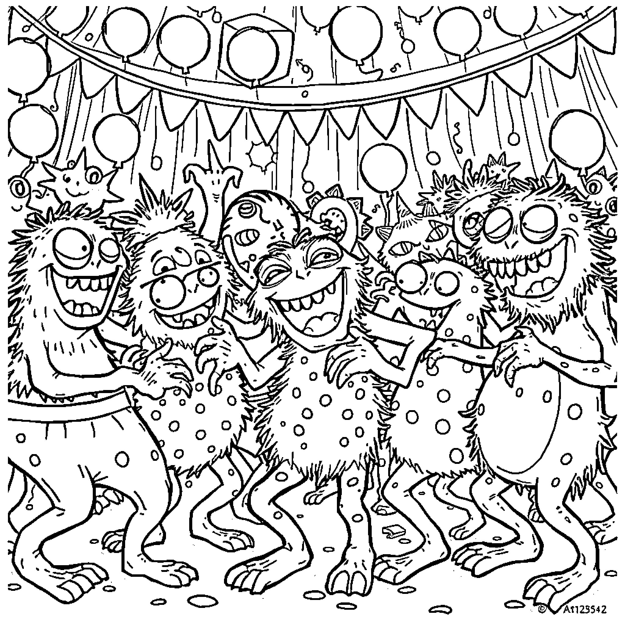 Monster Creatures Celebrating at a Party Coloring Page (free black-and-white line drawing printable PDF for all, from beginners to advanced learners, including children, teens, adults, and seniors)