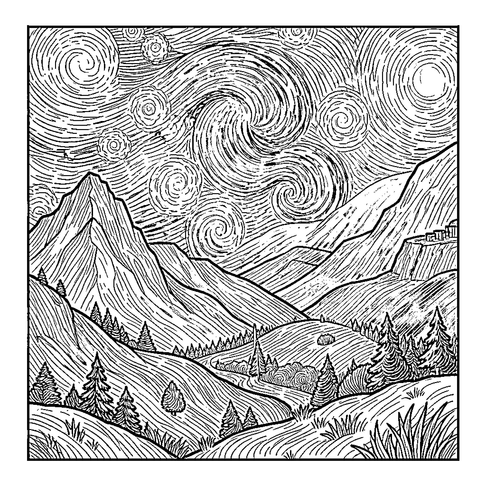 Mountain landscape with swirling stars Coloring Page (free black-and-white line drawing printable PDF for all, from beginners to advanced learners, including children, teens, adults, and seniors)
