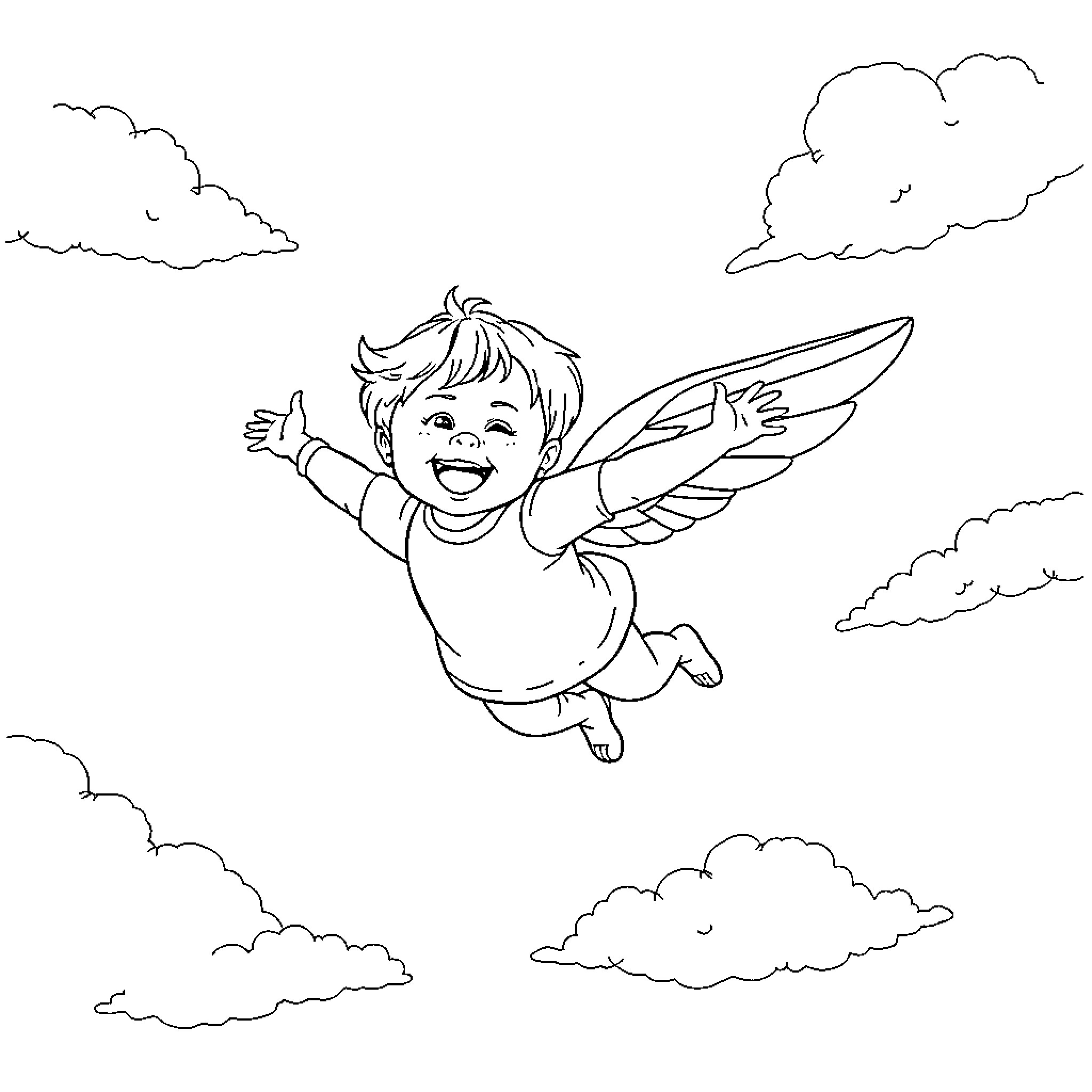 Toddler angel flying happily in the sky Coloring Page (free black-and-white line drawing printable PDF for all, from beginners to advanced learners, including children, teens, adults, and seniors)