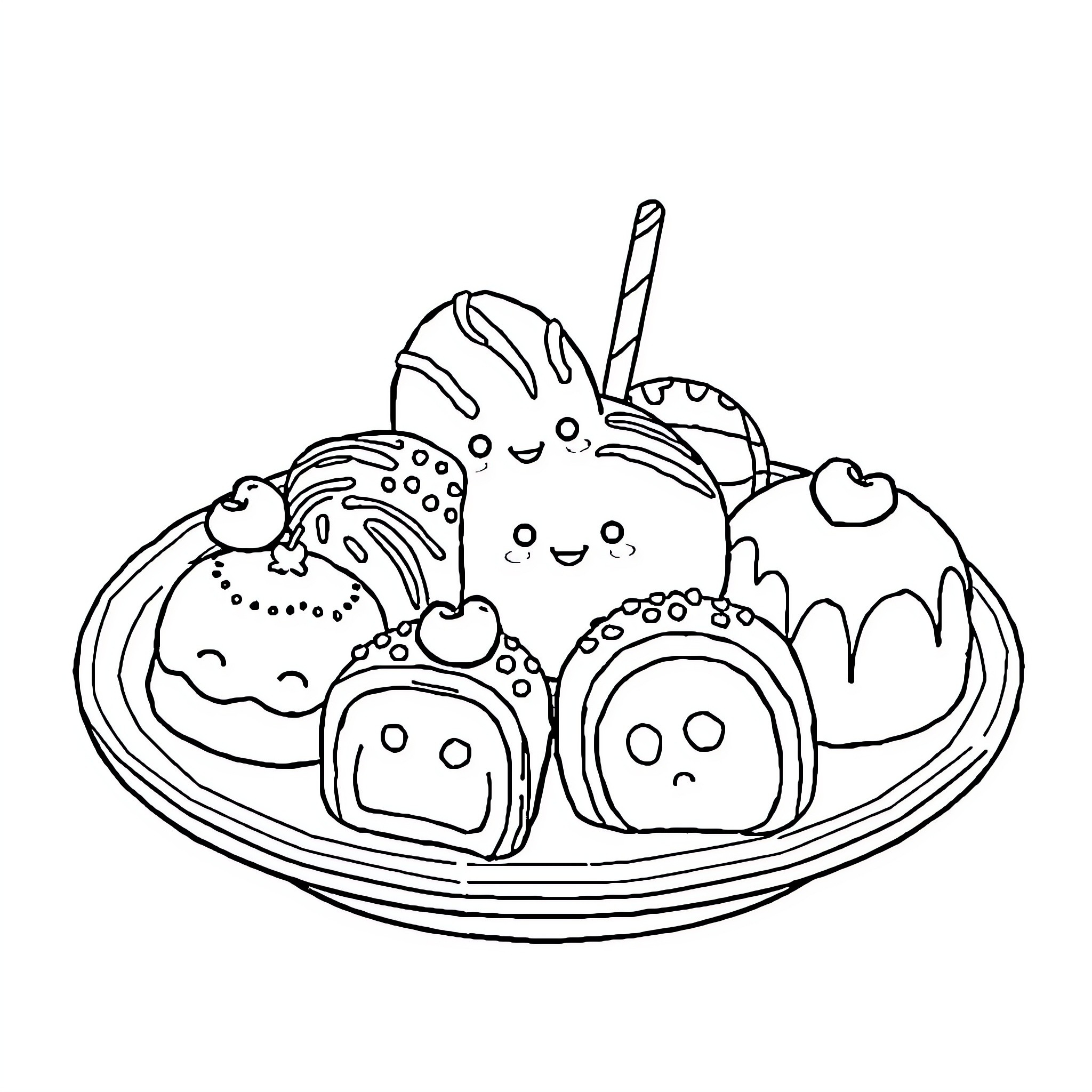 Kawaii Desserts Plate with Adorable Treats Coloring Page (free black-and-white line drawing printable PDF for all, from beginners to advanced learners, including children, teens, adults, and seniors)