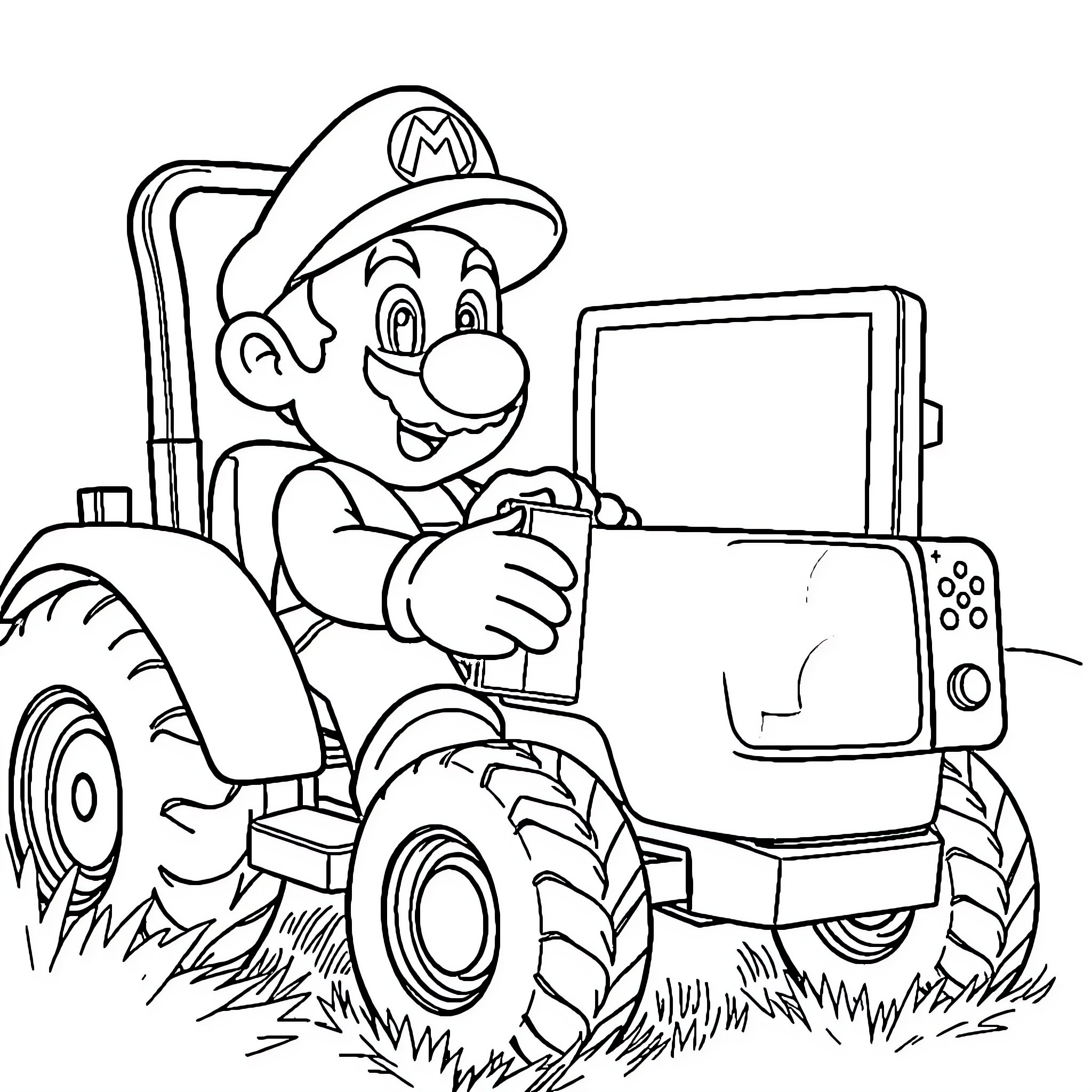 Super Mario on a Tractor Playing Video Games Coloring Page (free black-and-white line drawing printable PDF for all, from beginners to advanced learners, including children, teens, adults, and seniors)