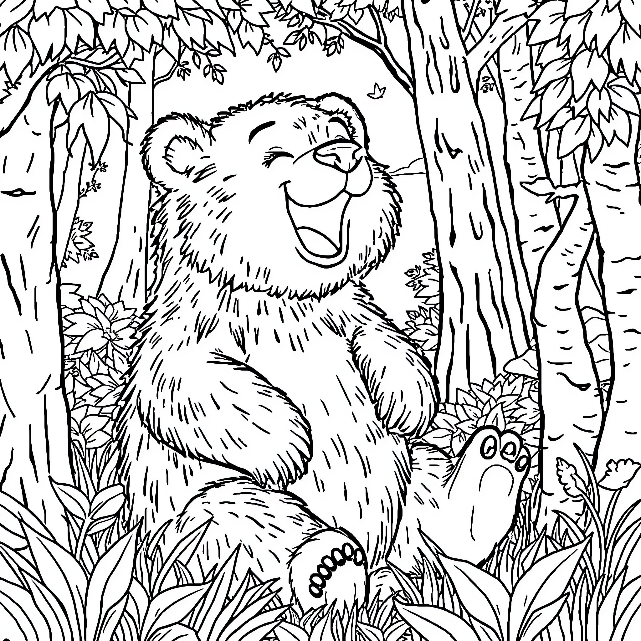 Bear happily exploring the forest Coloring Page (free black-and-white line drawing printable PDF for all, from beginners to advanced learners, including children, teens, adults, and seniors)