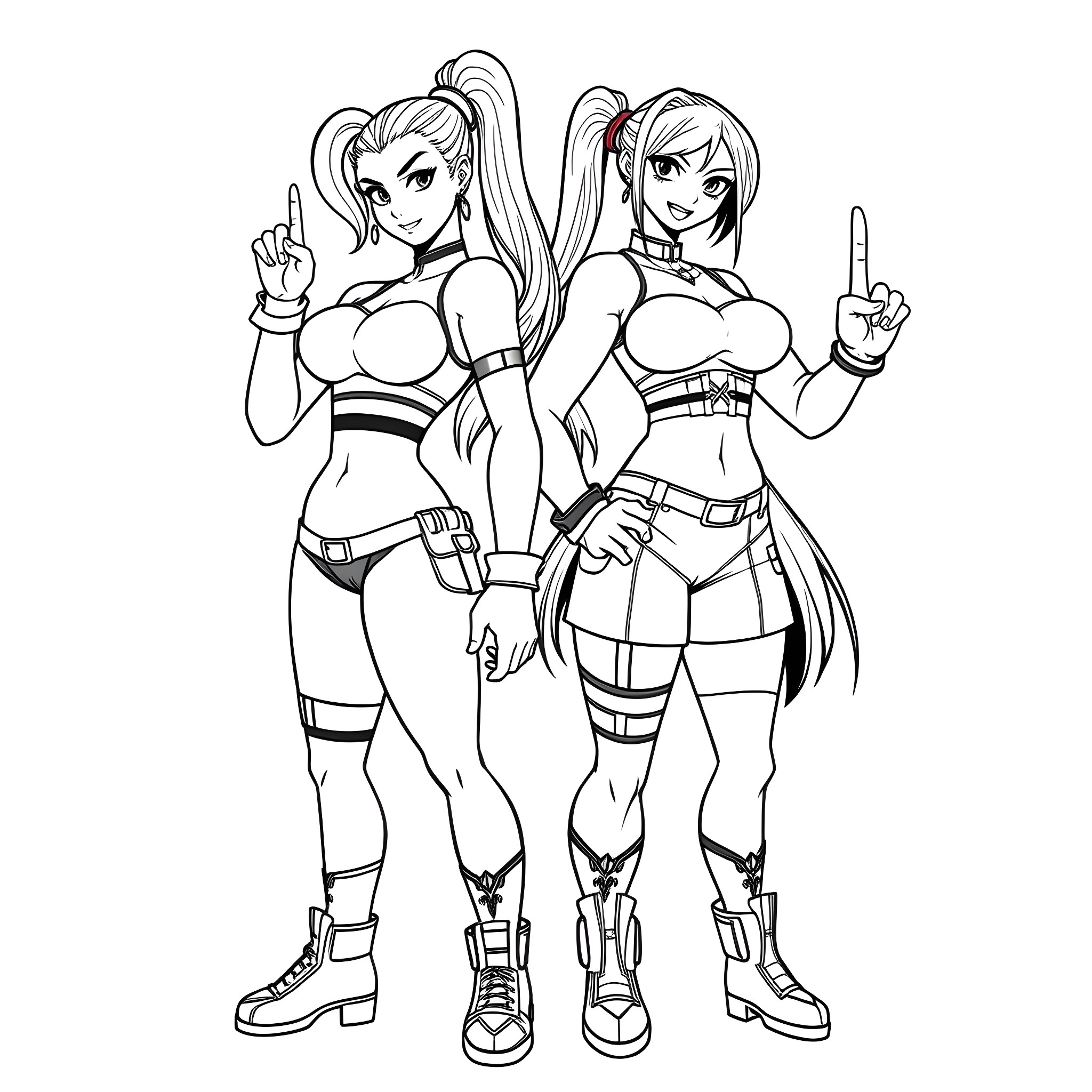 Chun Li and Friend in Action Poses Coloring Page (free black-and-white line drawing printable PDF for all, from beginners to advanced learners, including children, teens, adults, and seniors)