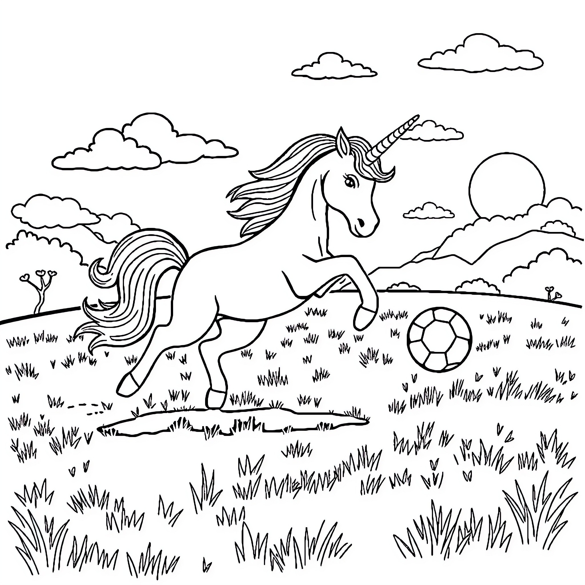 Unicorn galloping through grassy meadow with soccer ball Coloring Page (free black-and-white line drawing printable PDF for all, from beginners to advanced learners, including children, teens, adults, and seniors)