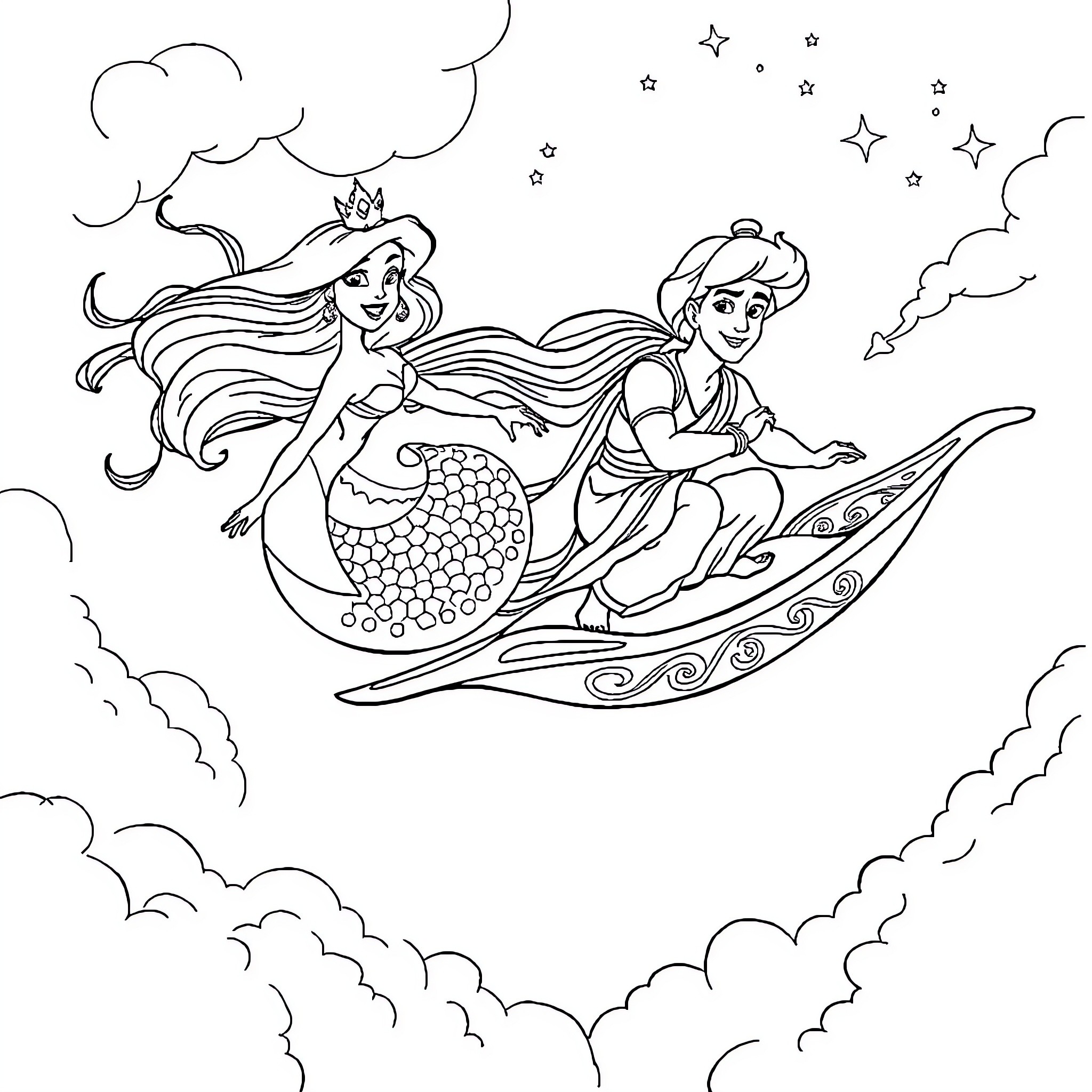 Mermaid sisters riding a magical sea shell Coloring Page (free black-and-white line drawing printable PDF for all, from beginners to advanced learners, including children, teens, adults, and seniors)