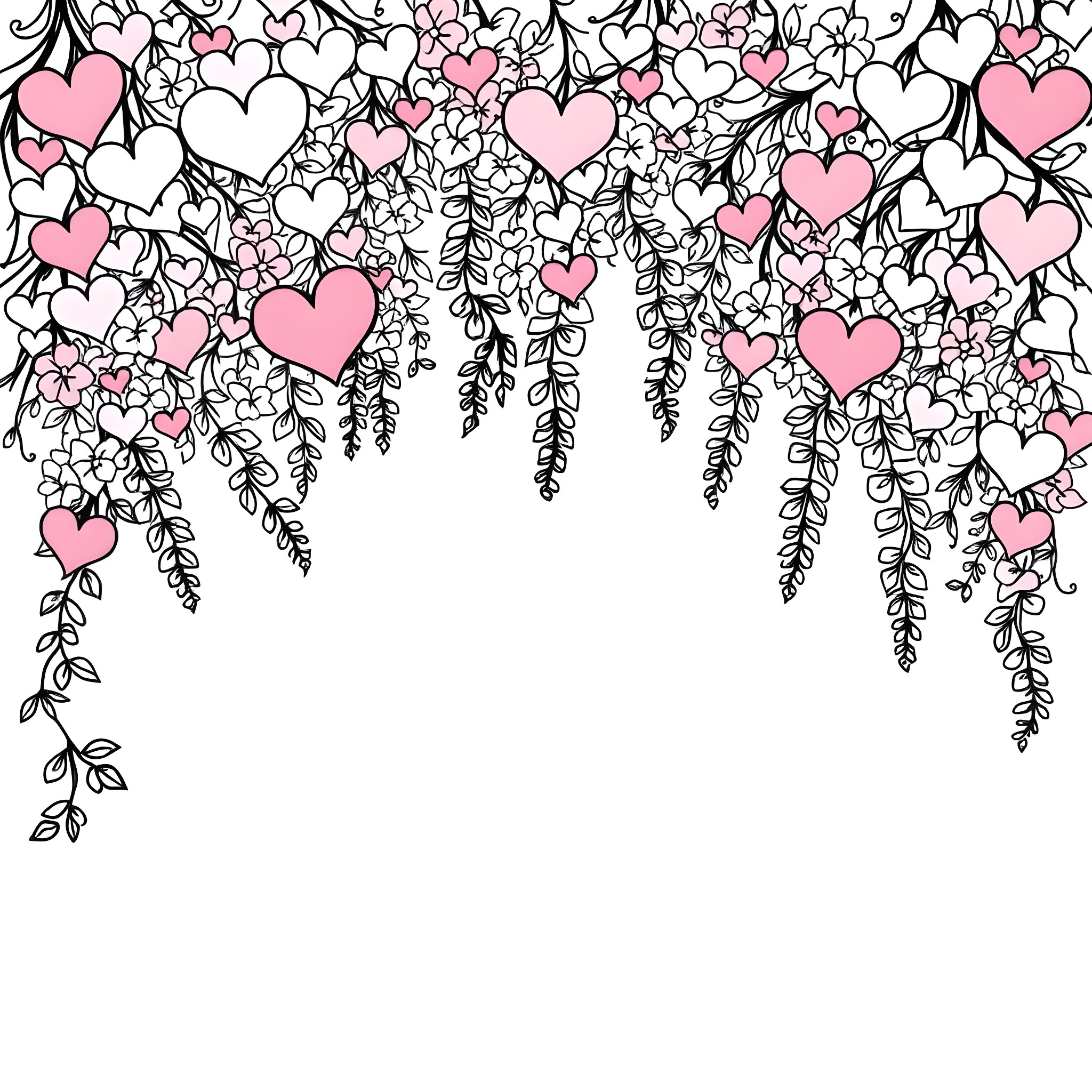 Heart-shaped flowers and vines cascade down Coloring Page (free black-and-white line drawing printable PDF for all, from beginners to advanced learners, including children, teens, adults, and seniors)