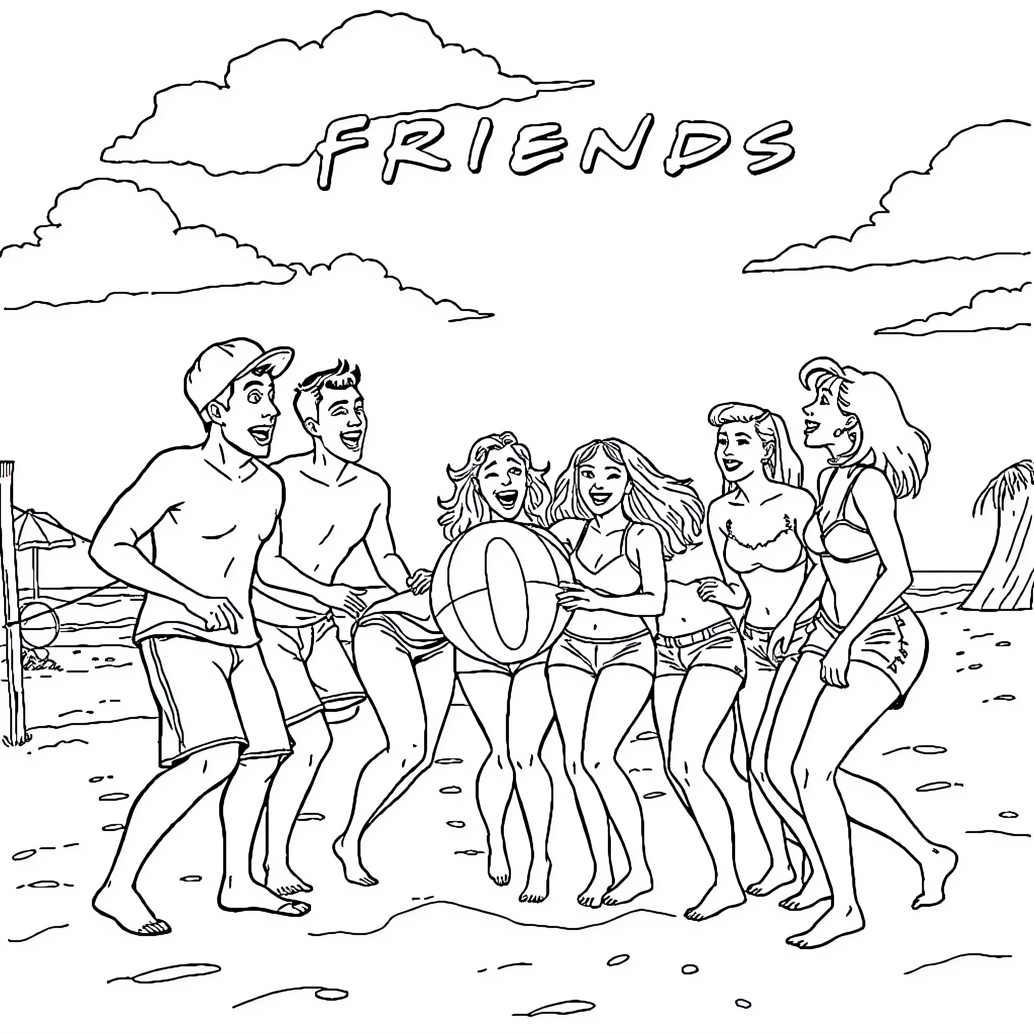 Friends enjoying a day at the beach Coloring Page (free black-and-white line drawing printable PDF for all, from beginners to advanced learners, including children, teens, adults, and seniors)