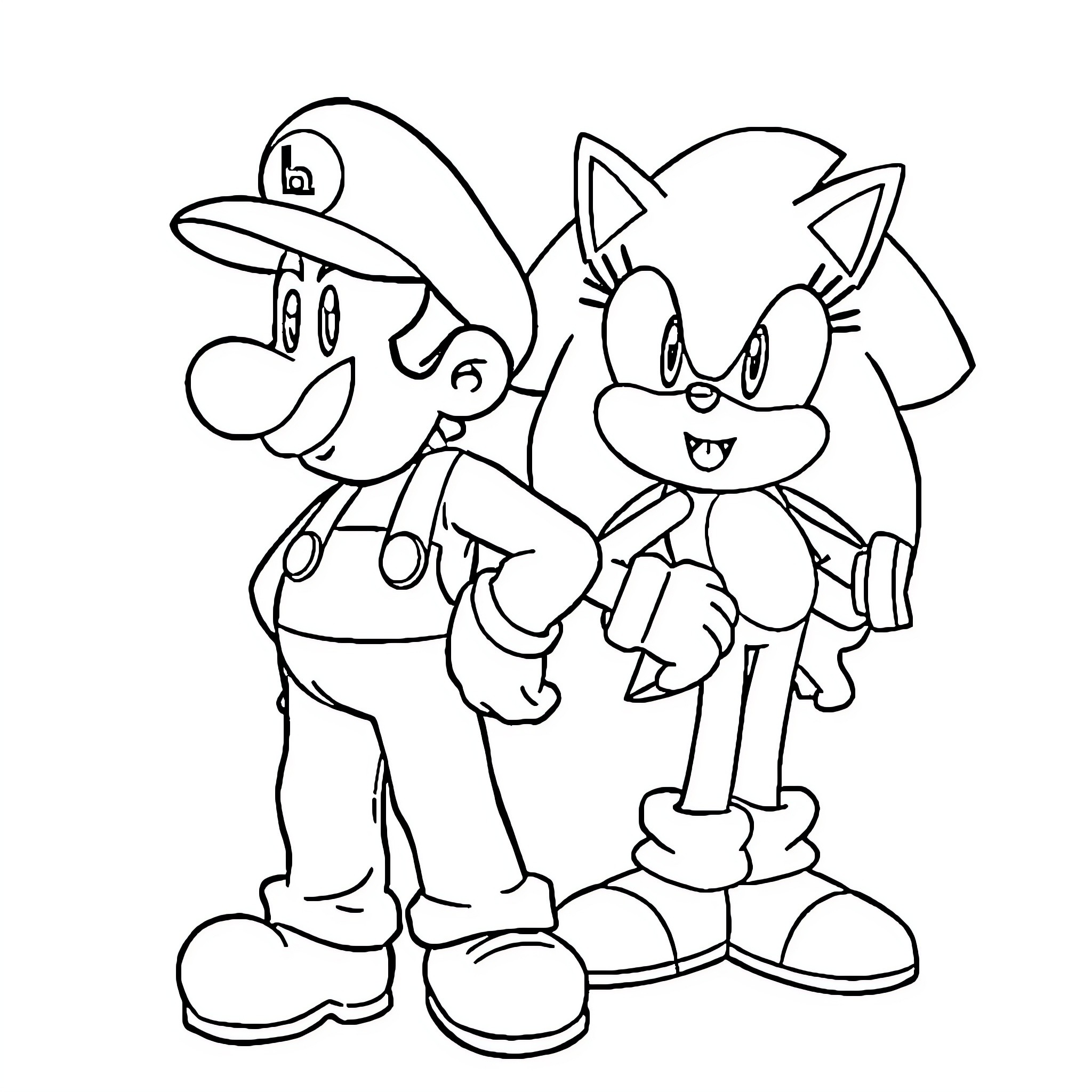 Luigi and Sonic on an Adventure Coloring Page (free black-and-white line drawing printable PDF for all, from beginners to advanced learners, including children, teens, adults, and seniors)