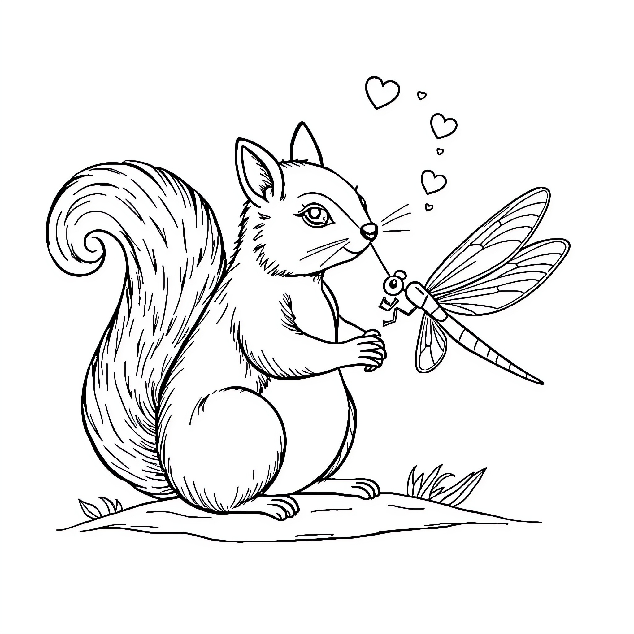 Squirrel playing with a dragonfly in nature Coloring Page (free black-and-white line drawing printable PDF for all, from beginners to advanced learners, including children, teens, adults, and seniors)
