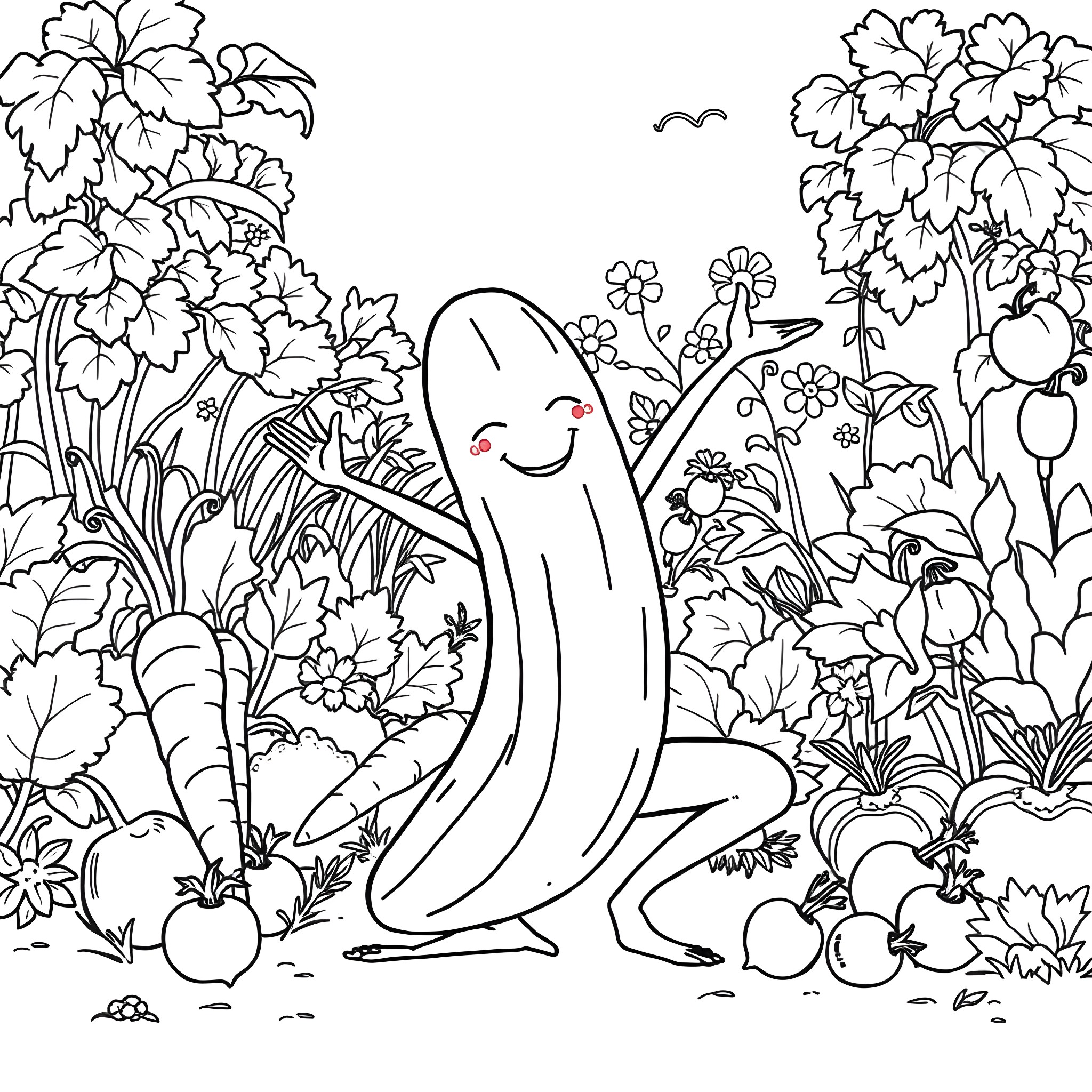 Cucumber having fun in a lush garden Coloring Page (free black-and-white line drawing printable PDF for all, from beginners to advanced learners, including children, teens, adults, and seniors)