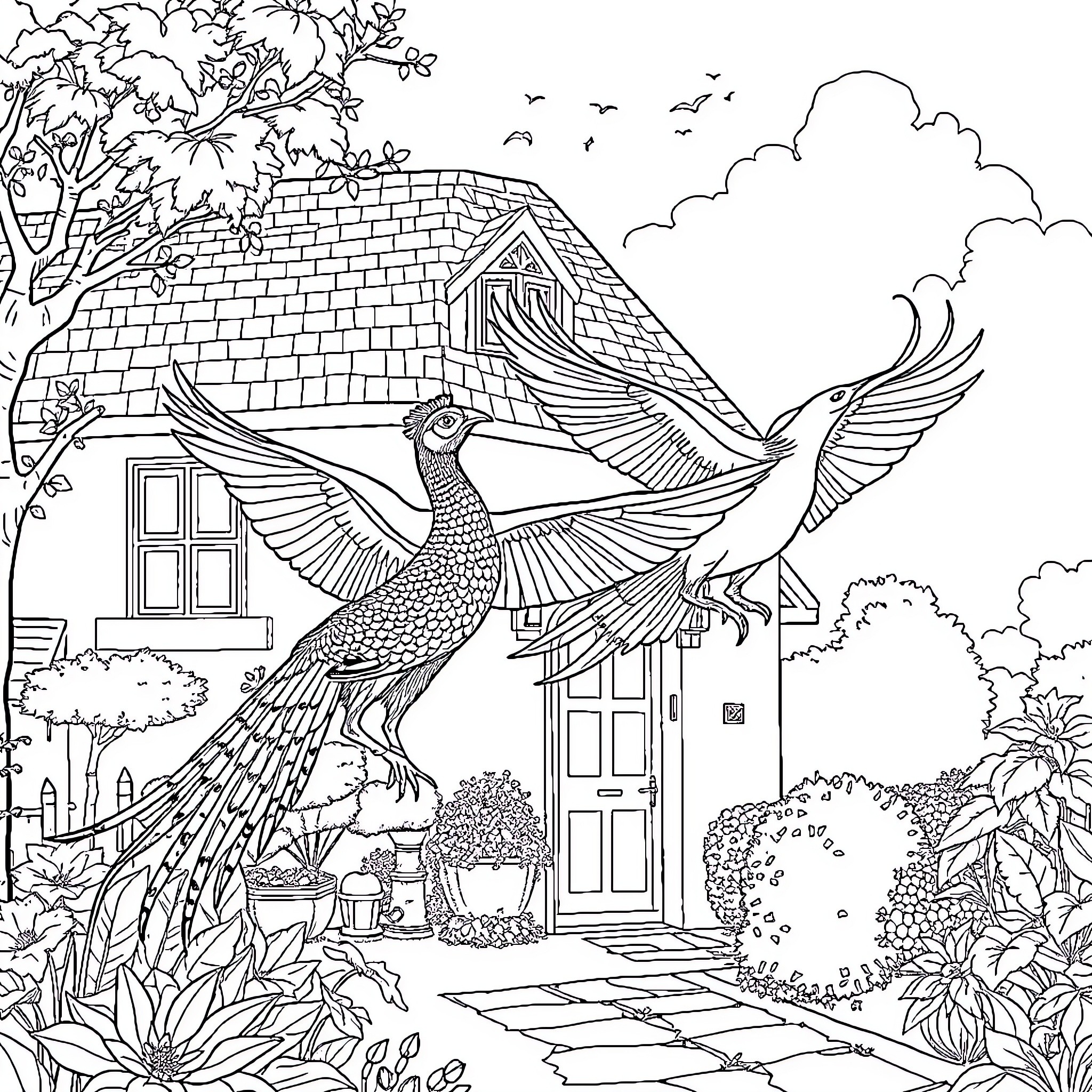 Pheasant flying over idyllic country house Coloring Page (free black-and-white line drawing printable PDF for all, from beginners to advanced learners, including children, teens, adults, and seniors)