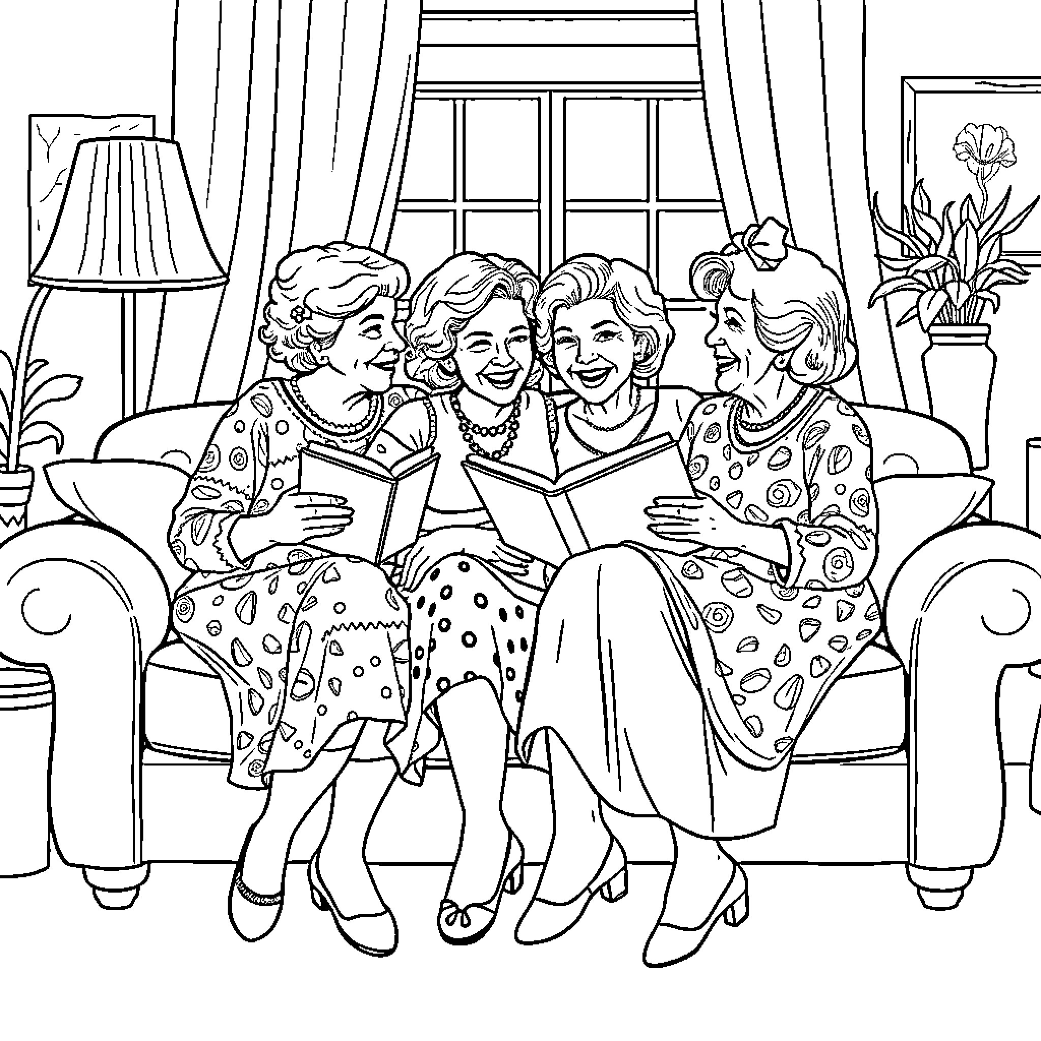 Goat friends enjoying a cozy reading session Coloring Page (free black-and-white line drawing printable PDF for all, from beginners to advanced learners, including children, teens, adults, and seniors)