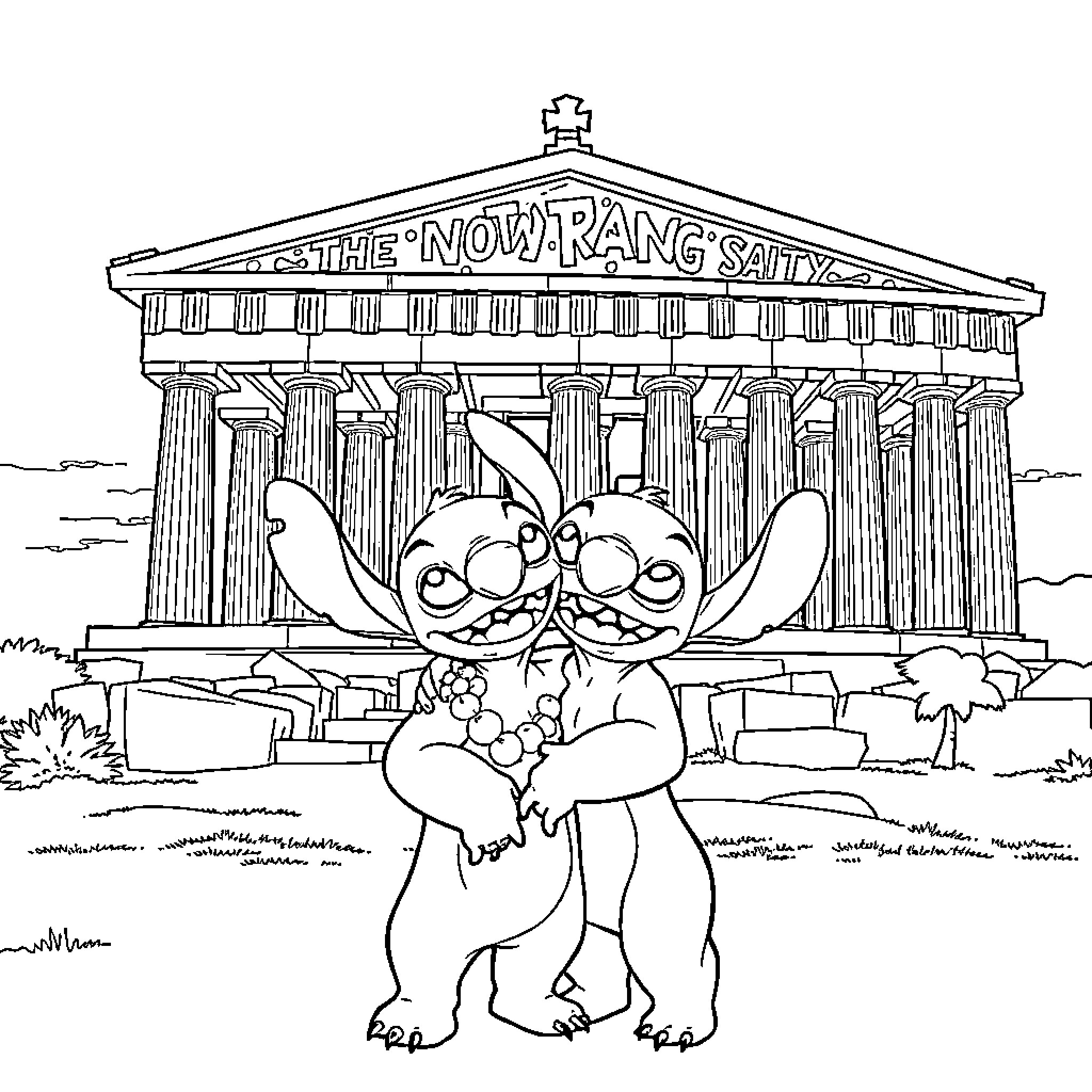 Lilo and Stitch visiting the Temple Coloring Page (free black-and-white line drawing printable PDF for all, from beginners to advanced learners, including children, teens, adults, and seniors)