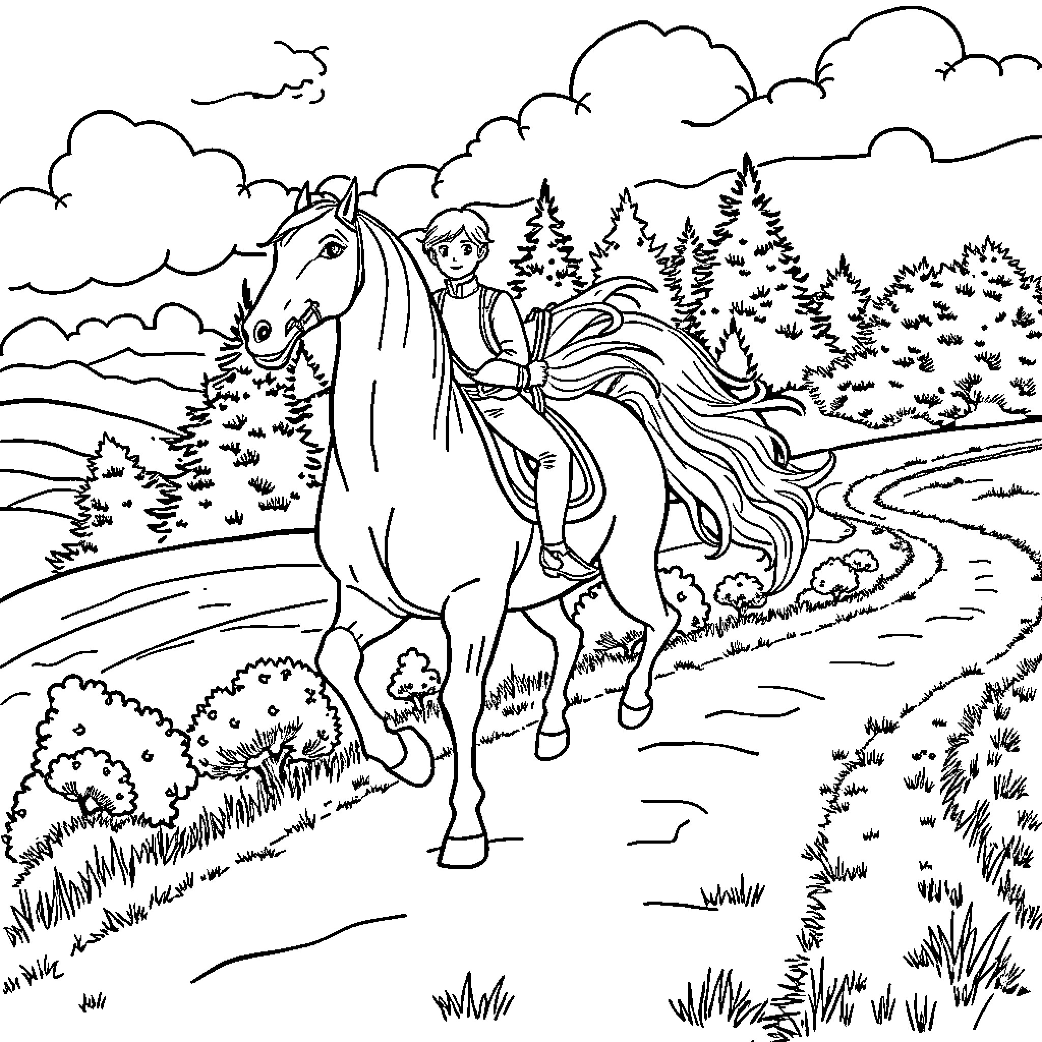 Frieren: Girl riding a horse through the forest Coloring Page (free black-and-white line drawing printable PDF for all, from beginners to advanced learners, including children, teens, adults, and seniors)