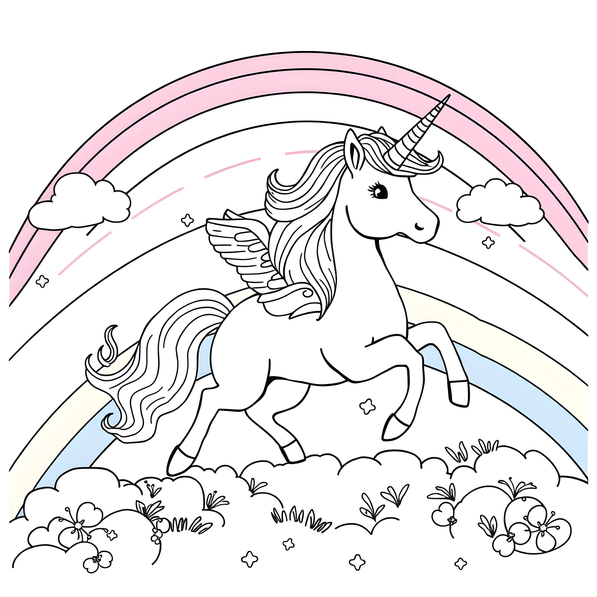 Unicorn Prancing in Magical Meadow Coloring Page (free black-and-white line drawing printable PDF for all, from beginners to advanced learners, including children, teens, adults, and seniors)